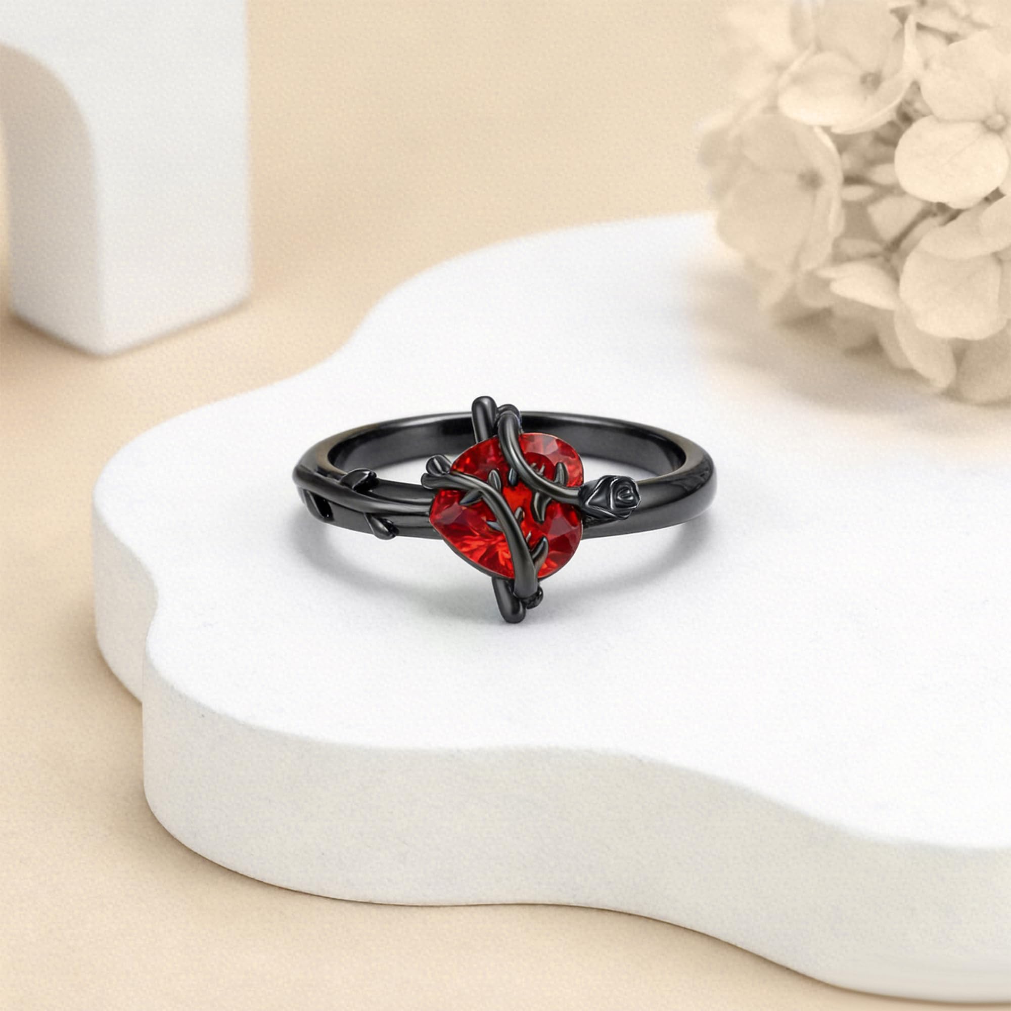 DAYLINLOVE Anillo de rosa negra de plata de ley 925 con cruz gótica de corazón rojo, anillo de rosa gótica, regalo para mujeres, niñas, 7