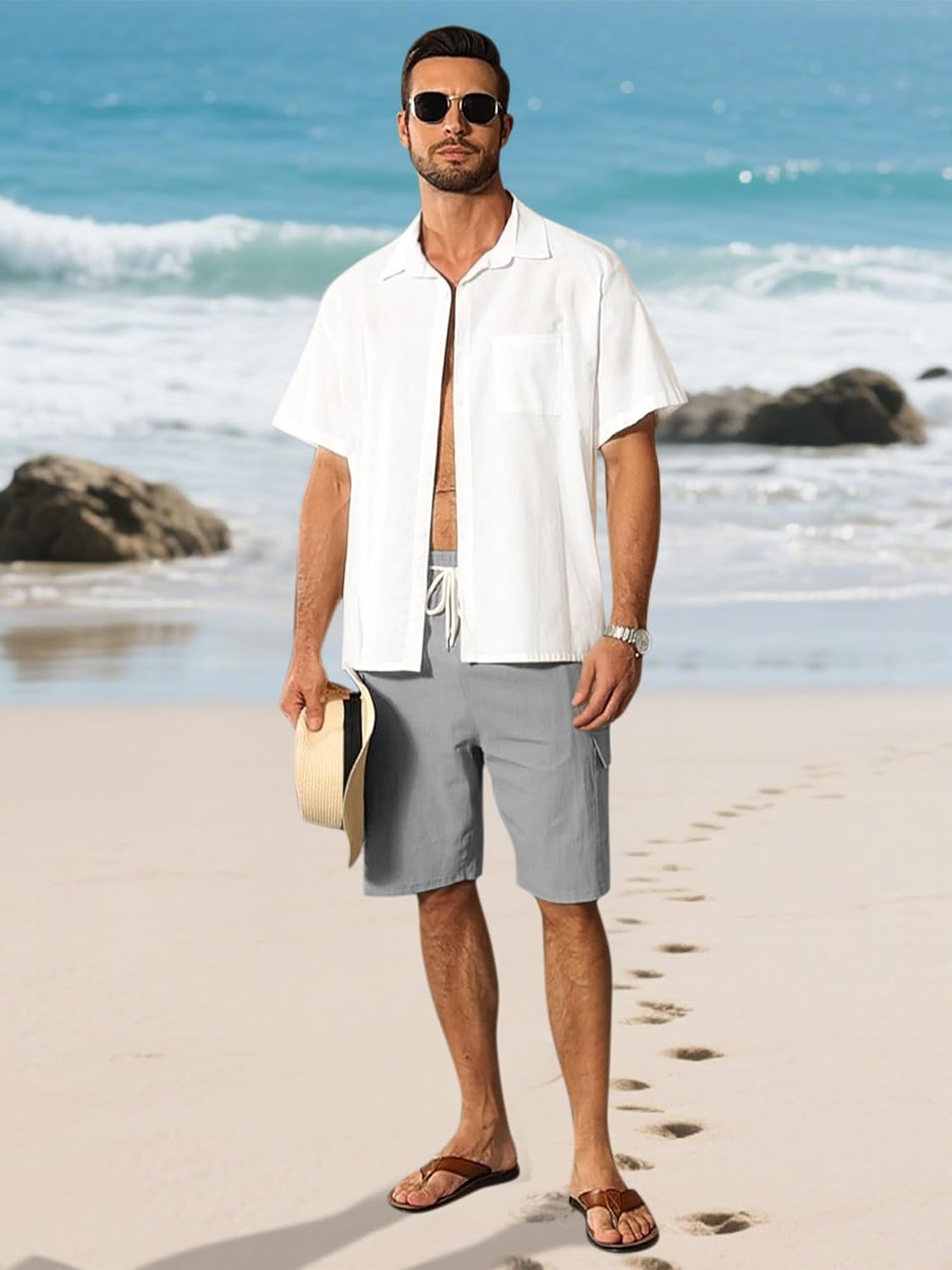 Mens Linen Shorts Casual Summer Beach Shorts Elastic Waist Drawstring Cargo Pants with Multiple Pockets - Image 5