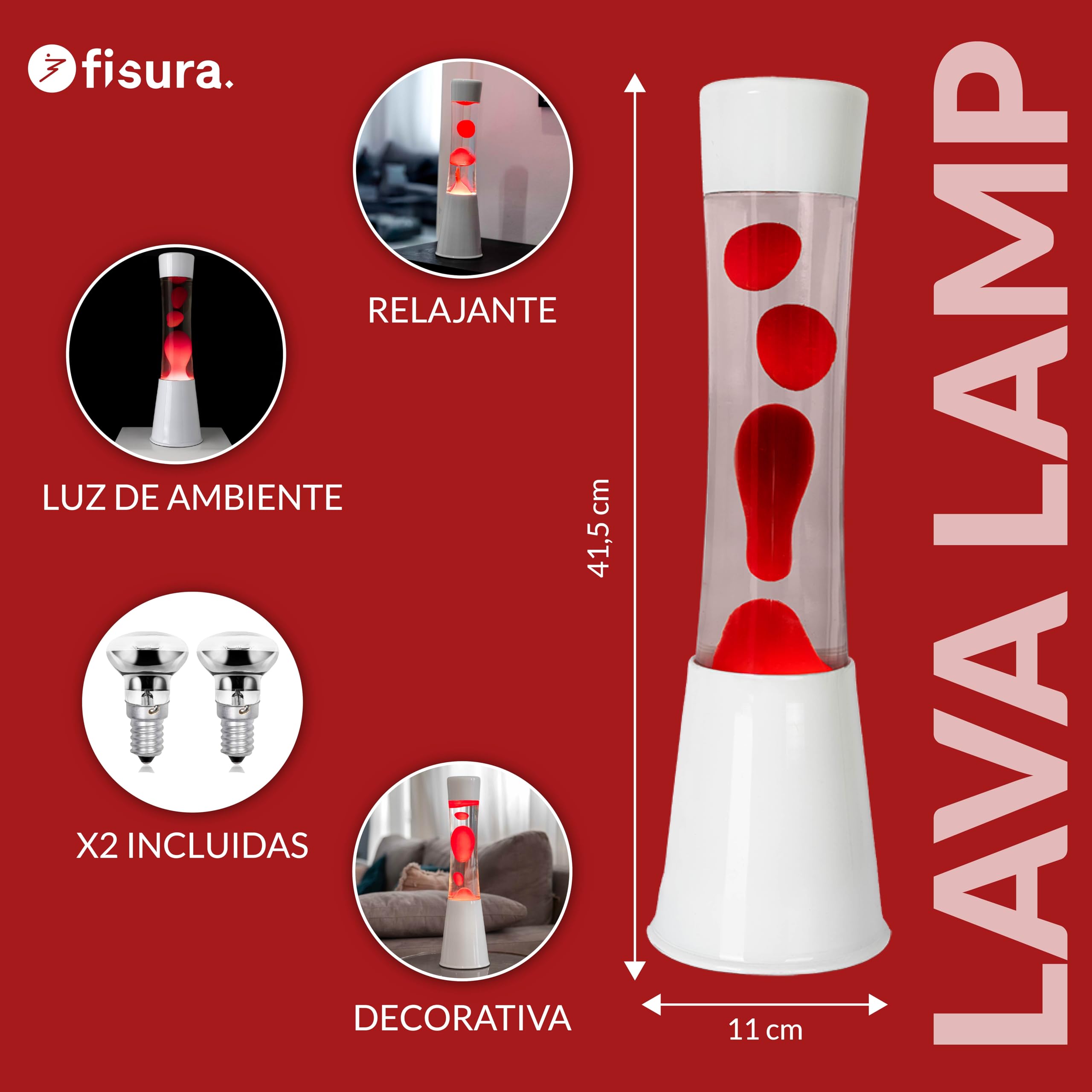 Fisura – Lámpara de lava roja y blanca. Base blanca, líquido transparente y lava roja. Lámpara con efecto relajante. Incluye bombilla de repuesto. 11 cm x 11cm x 41,5 cm.
