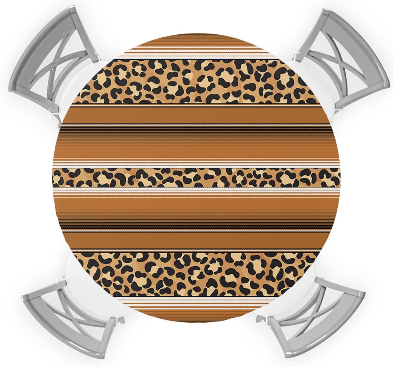 Round Tablecloth With Elastic Edged,Mexican Striped Leopard Print Stripes Animal Fur Texture Brown Washable Reusable Tables Cover For Kitchen Dining Party Picnic,Fit Round Table up to 55" - 60"