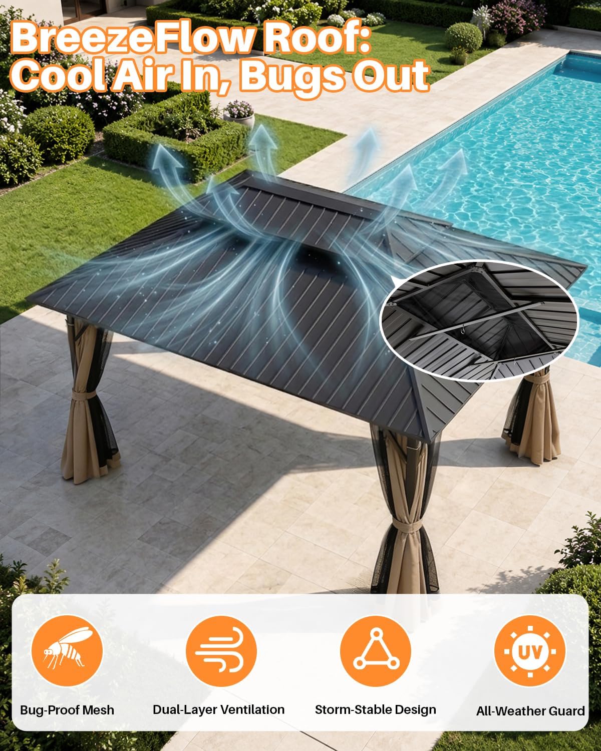 12' x 16' Hardtop Gazebo, Outdoor Patio Gazebo, Aluminum Frame Patio Hardtop Gazebos with Netting and Curtain, Outdoor Patio Pergola with Double Steel Roofs for Deck, Lawns, Garden, Sandstone