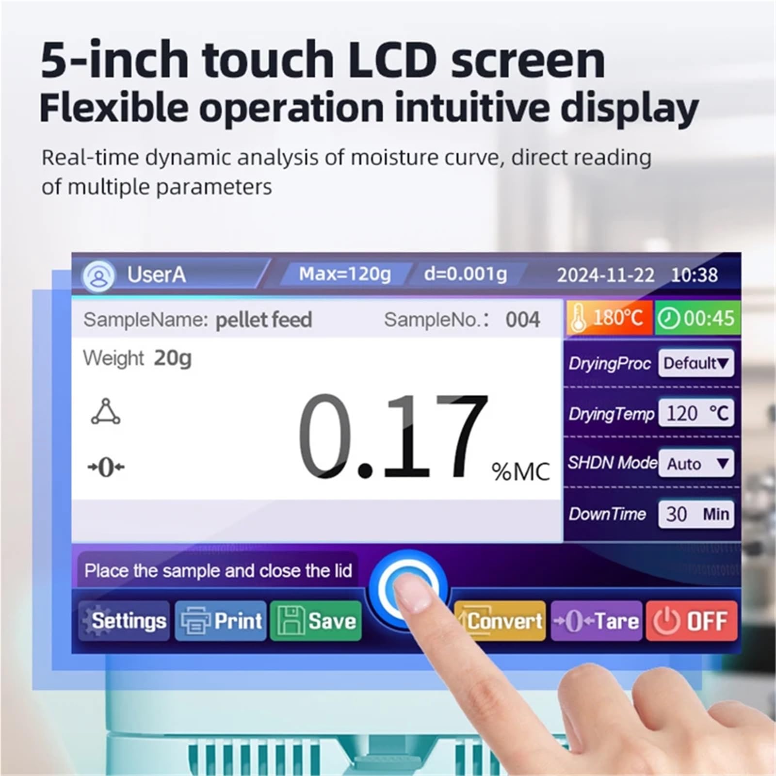 Misuratore Umidità Cereali Analizzatore Di Misuratore Umidità Alogeno Da 120 G, Touch Screen 5 Pollici, Riscaldante For Particelle Plastica For Mangimi For Mais Alimentare(120g 0.001g)