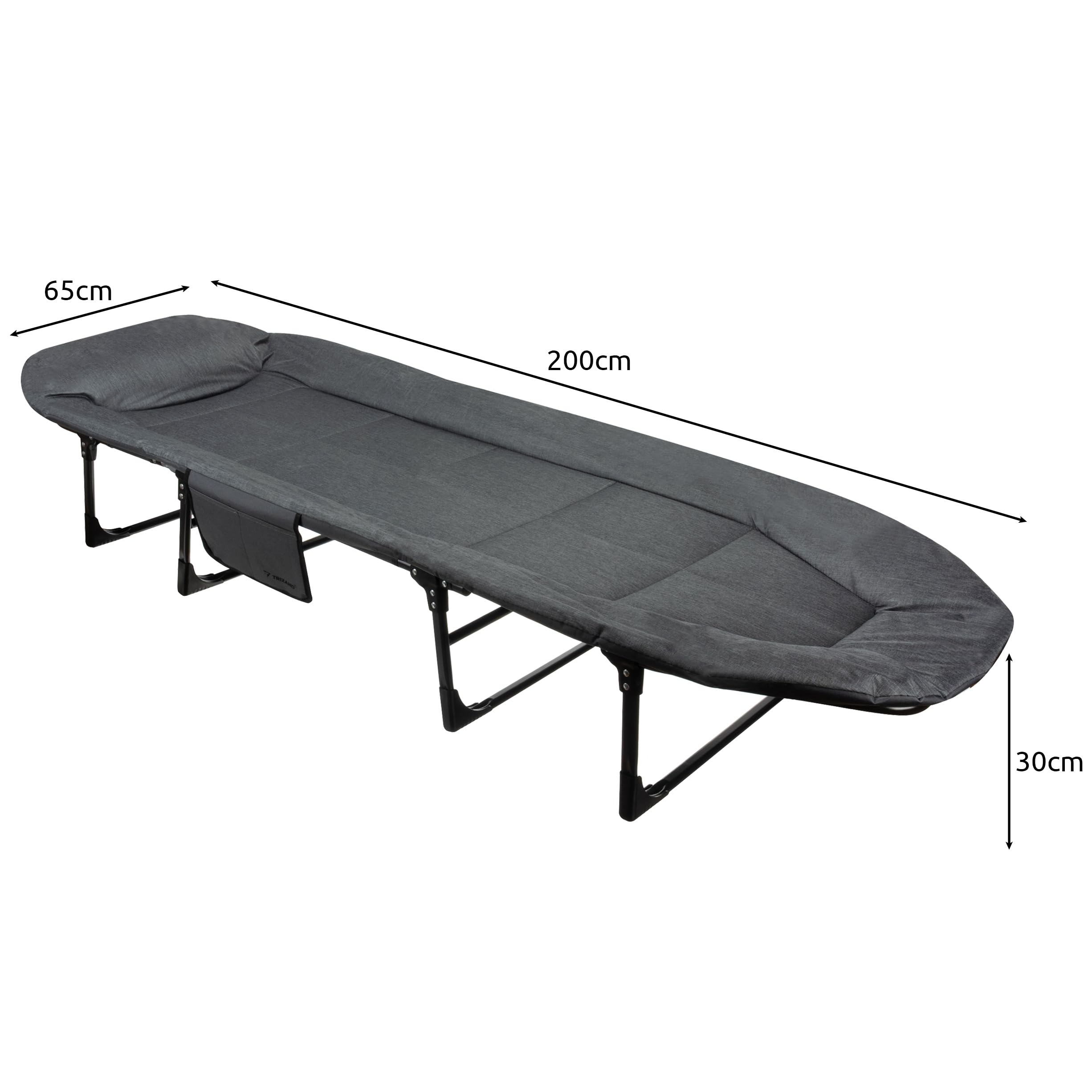 TRIZAND Składane łóżko polowe z materacem – łóżko kempingowe z 5-stopniową regulacją oparcia, nośność 150 kg, 200 x 65 cm, do użytku na zewnątrz i wewnątrz, szare
