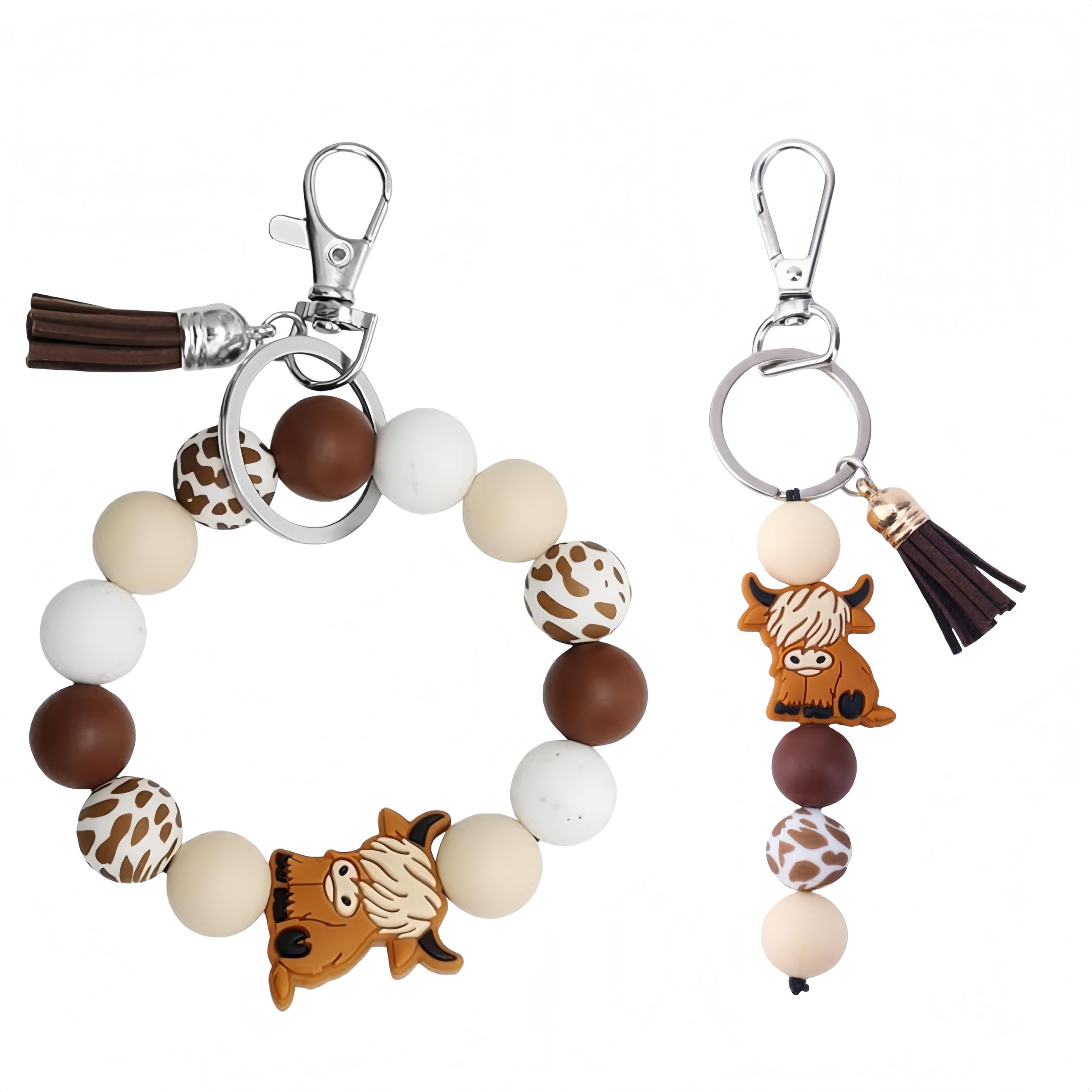 Qiansse Unisex Brown Highland Cow Gifts Set, 2 Pcs Cute Silicone Keyring With Tassel Matching Highland Cow Bracelet, Car Keychain Gift For Women Men