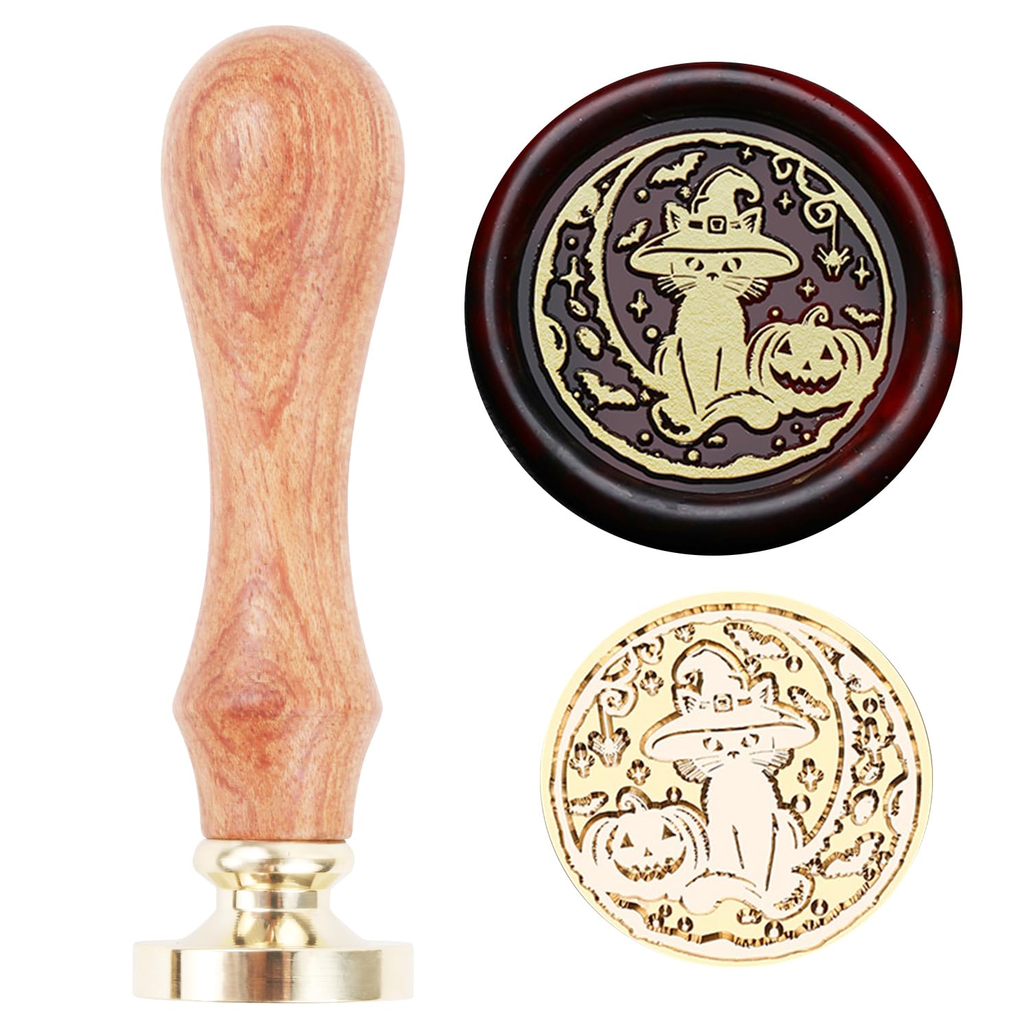 Halloween Wax Seal Stamp, Witch Cat Sealing Wax Stamp, 25mm/1.0inch Removable Brass Head Sealing Stamp with Wooden Handle for Halloween Easter Party Invitation Envelope Greeting Card (H03)