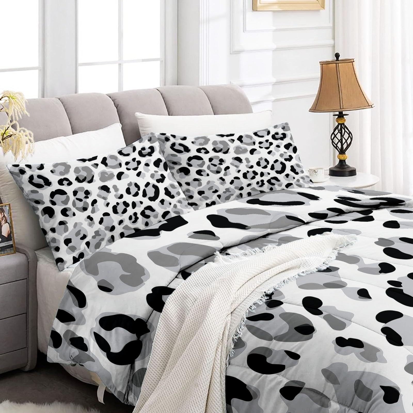 Edredón Acolchado 4 Estaciones 135 x 200 cm Arte Tradicional Animales Motivo de Leopardo - Colcha Suave Gris, Edredón Verano para Dormitorio Adolescentes Chicas Habitación Moda Decoración Dormitorio