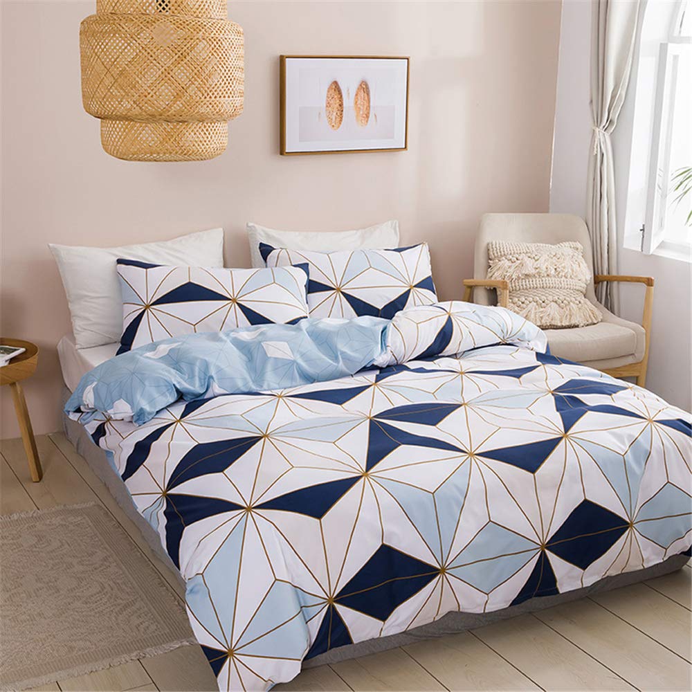 Treer Boys Blue Patchwork Duvet Cover Set Nordic Geometry Bedding Set, Single Double King Size Microfiber Nordic Style Soft Duvet Set With Zipper Closure Quilt Case And 1/2 Pillowcases (,200X200cm)