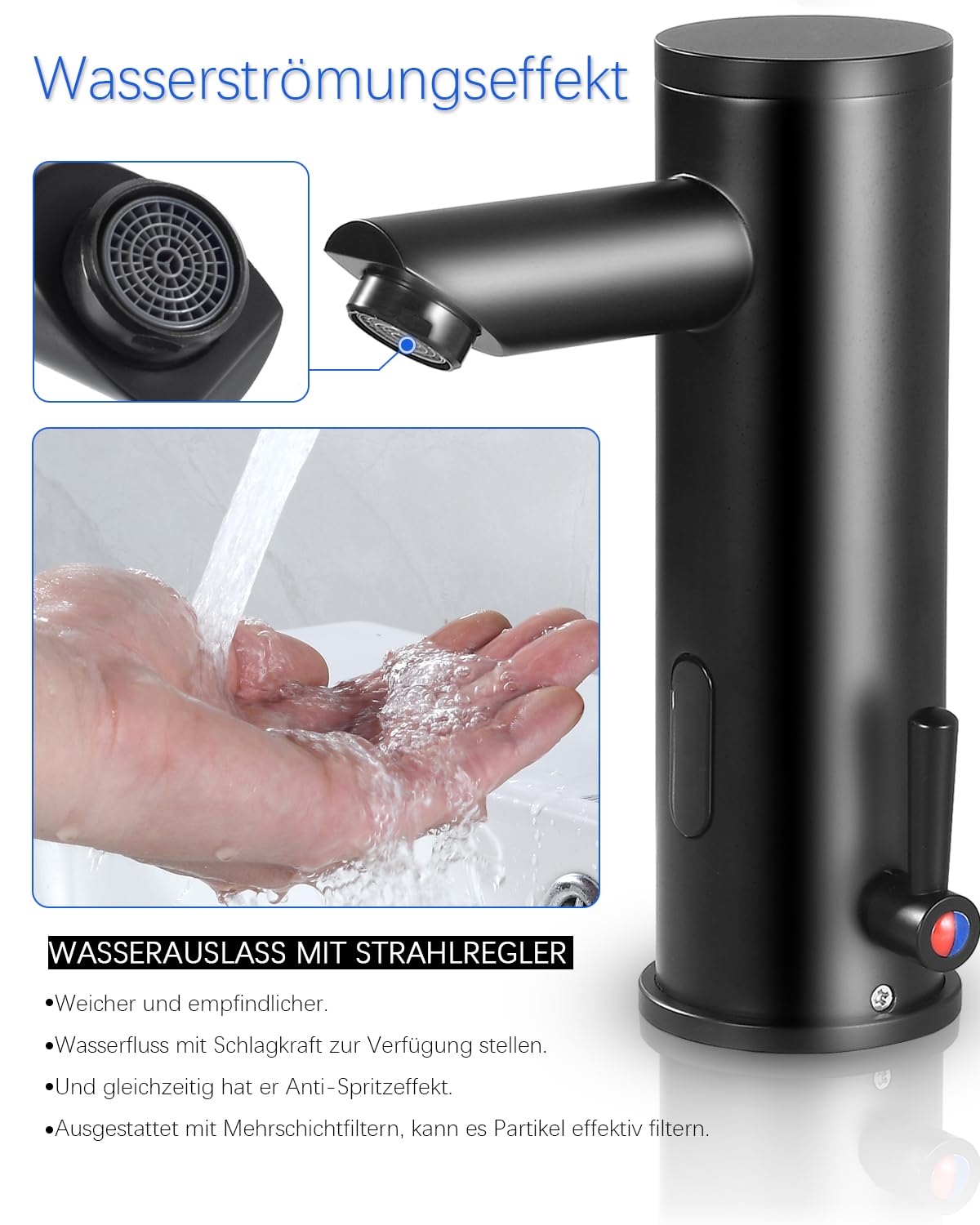 Rubinetto da bagno con sensore, nero opaco, miscelatore automatico a infrarossi, senza contatto, per bagno lavandino
