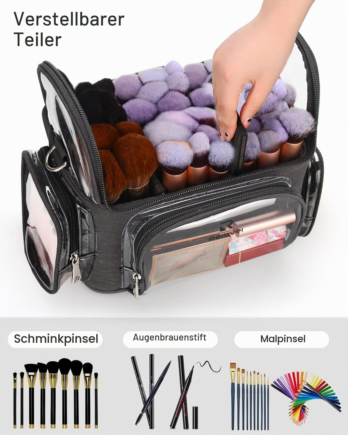 Relavel Make-up Pinsel Tasche, Portable Große Make up Pinselhalter, Professioneller Kosmetiktasche, Transparente wasserdichte Kosmetik Organizer Tasche mit Schultergurt