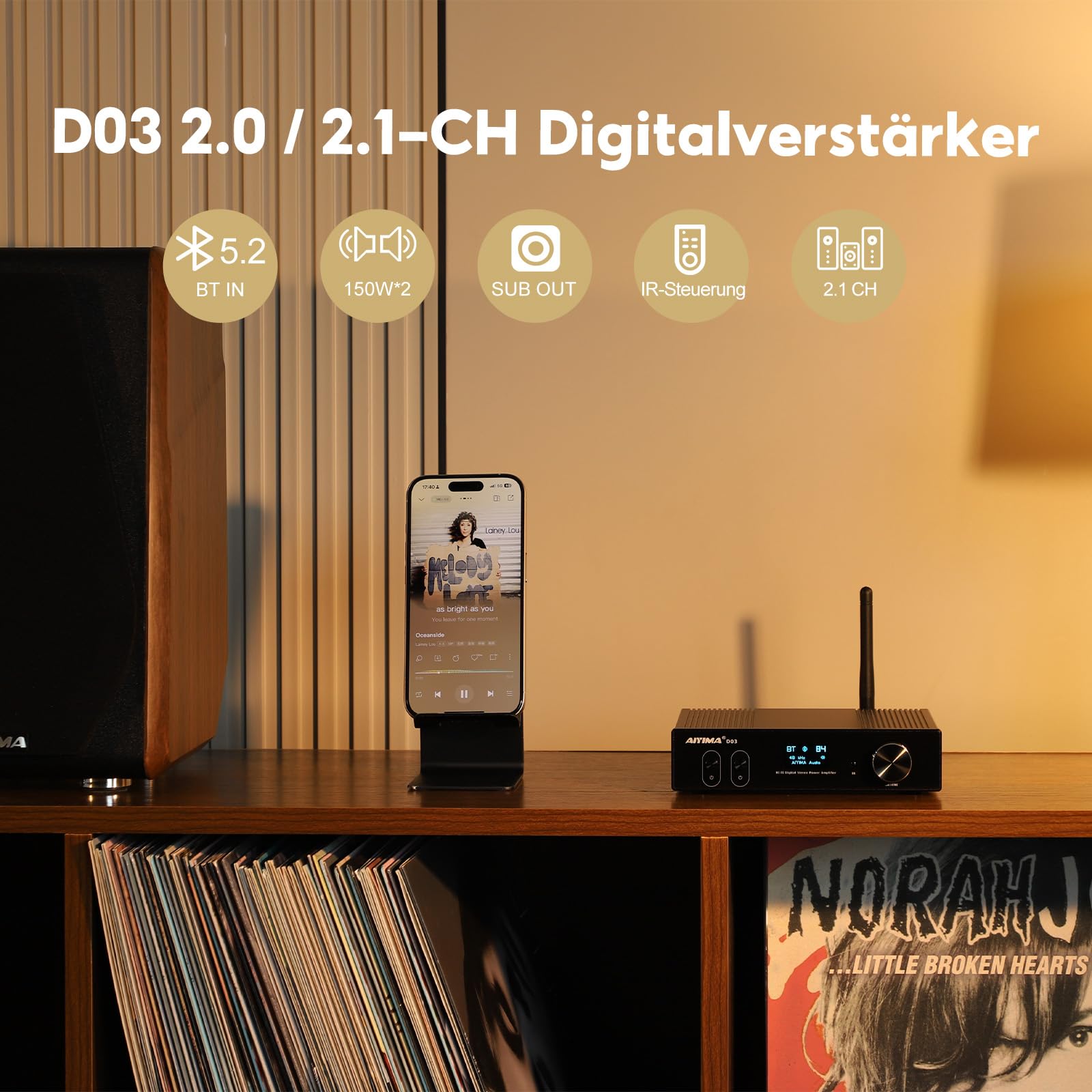 AIYIMA D03 Bluetooth 5.2 Digital-Verstärker 150Wx2 Stereo HiFi 2.0/2.1 CH Desktop Sound Amplificador 24Bit/192kHz Class D Power Amplifier USB DAC Coaxial Optical OLED AptX Support Subwoofer