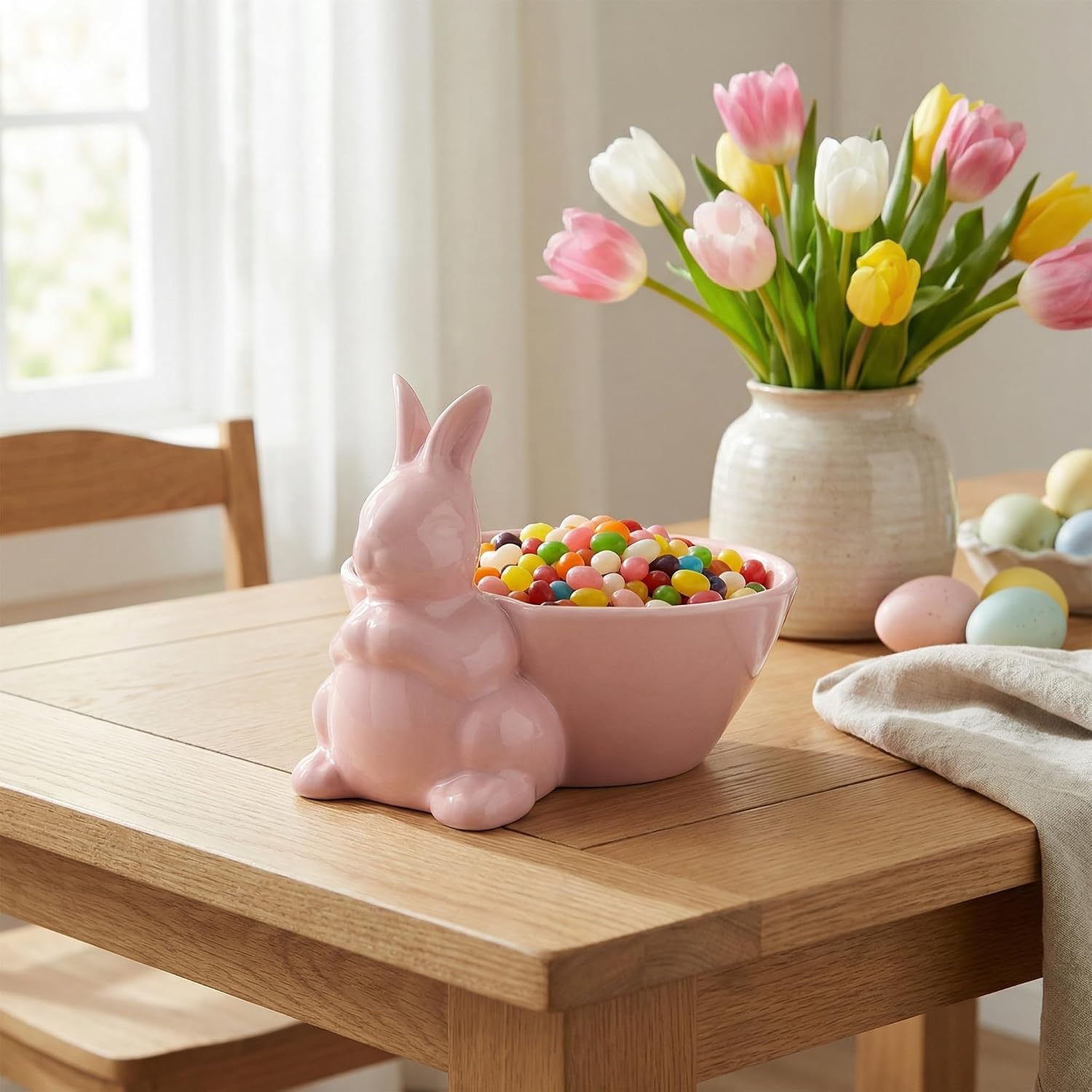 Easter Bunny Bowl, Ceramic Candy Dish, Rabbit Snack Serving, Lovely Bunny Figurine Fruit Salad Dessert Bowls, Easter Party Table Centerpiece, Decorative Porcelain Serving Dish (Random Color,3.93 Inch