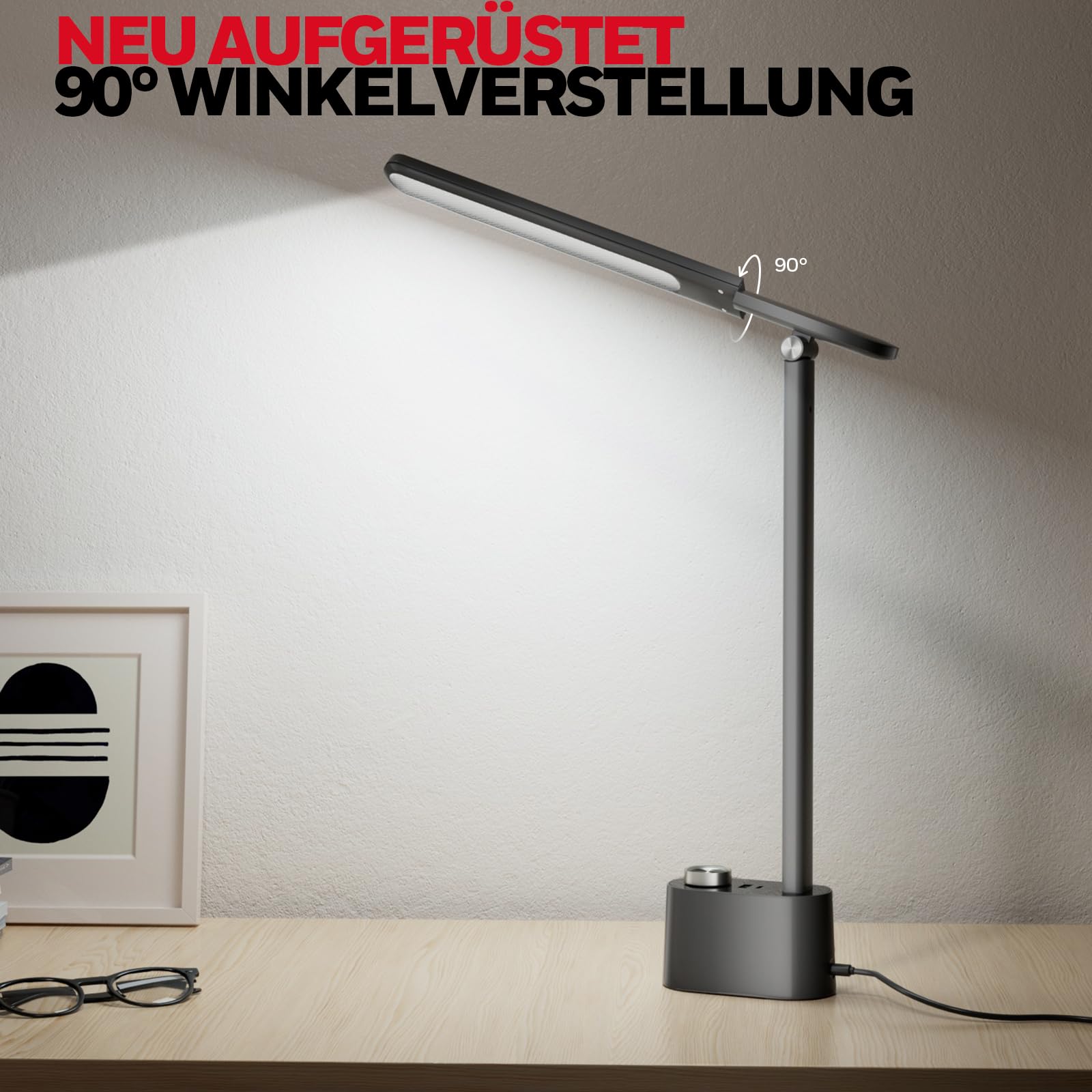 Honeywell H01 Pro augenschonende LED Tischleuchte für Zuhause | Sunturalux Chips, CRI≥95, 3000K-5500K, A+C Ladefunktion, dimmbare Tischleuchte für Studentenwohnheim, Schwarz