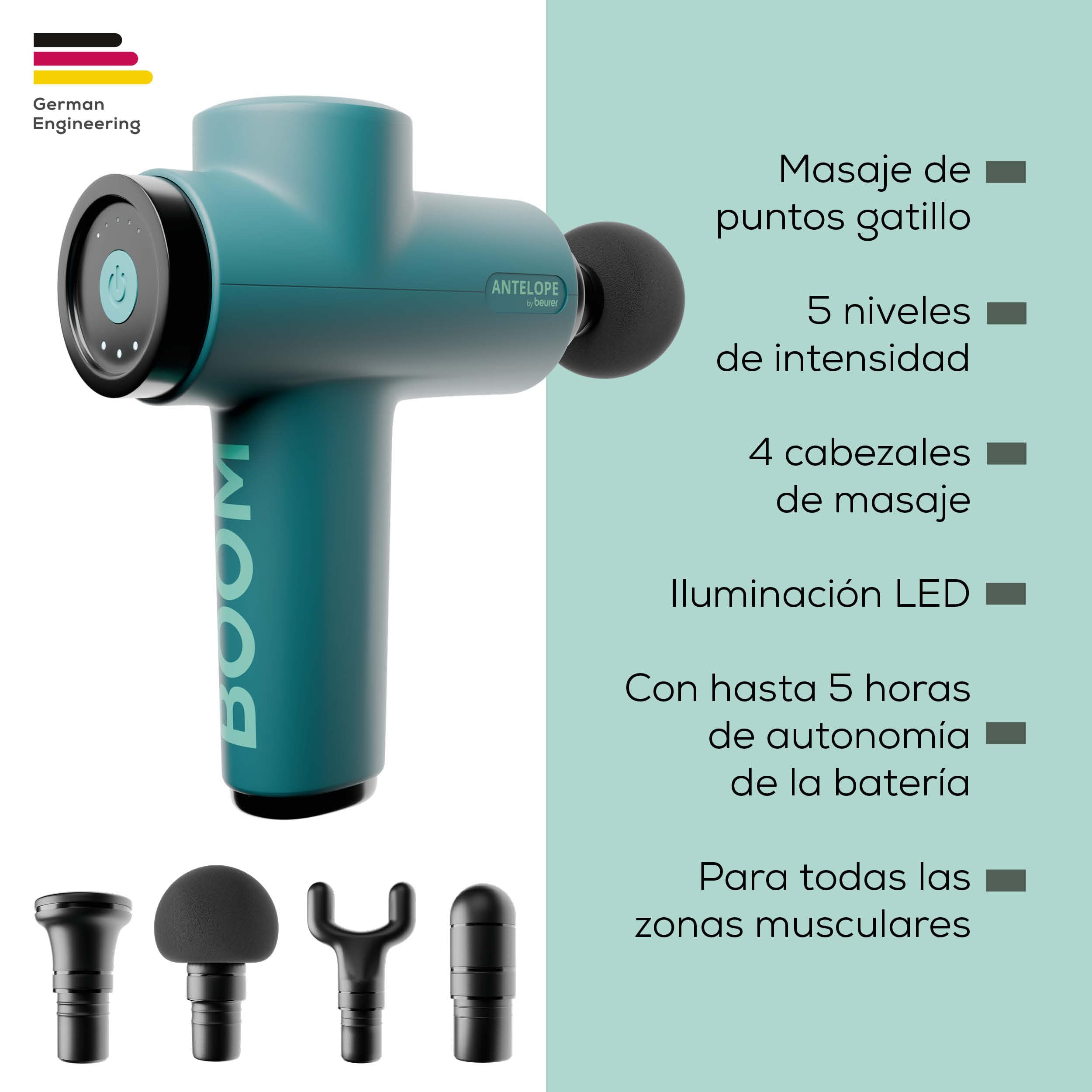 Beurer Antelope BOOM Pistola de masaje muscular, Massage Gun compacta con 4 accesorios, para relajación y regeneración, potente masaje de puntos gatillo, 5 niveles de intensidad y batería