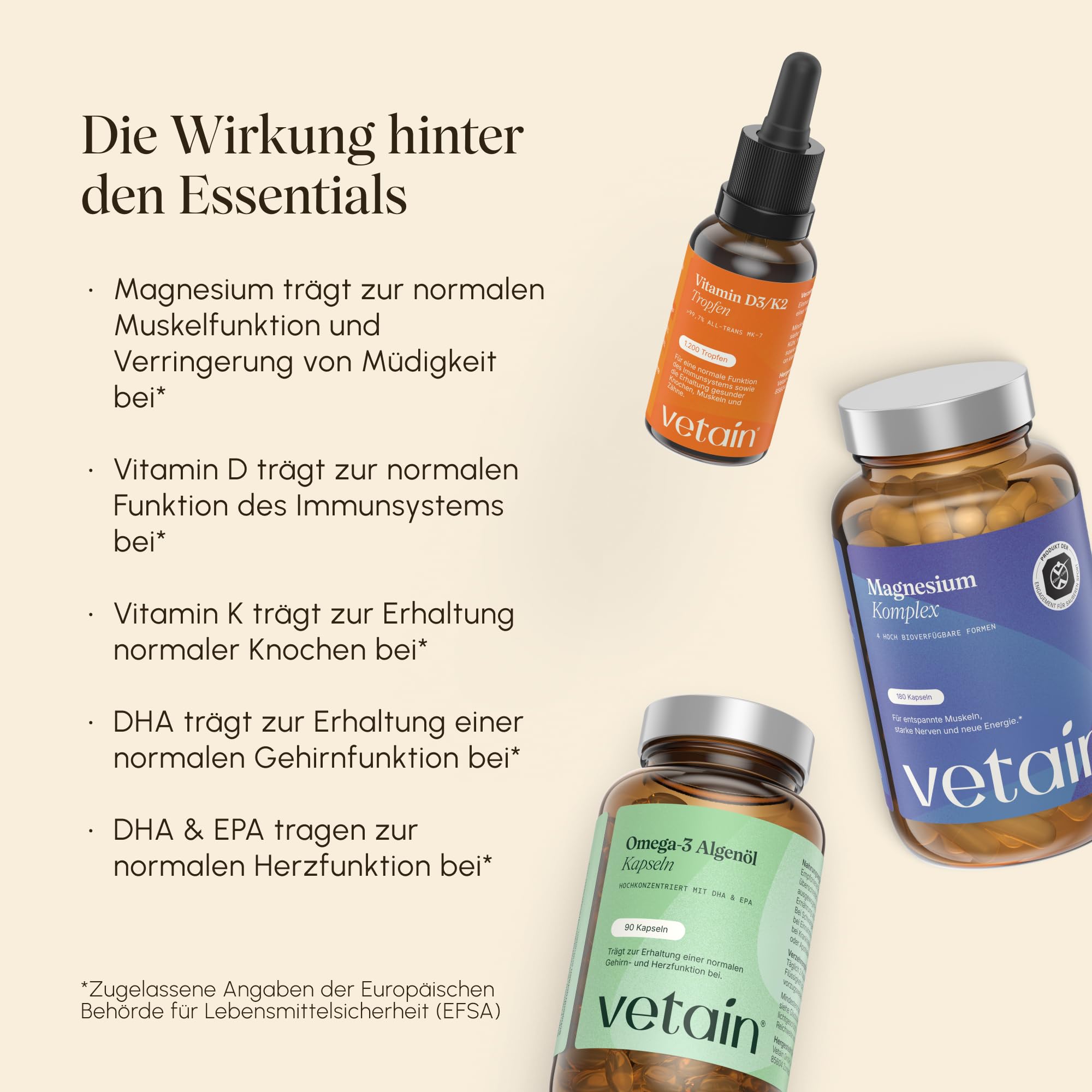 VETAIN Daily Essentials Set – Magnesium Komplex, Omega 3 Vegan & Vitamin D3 K2 Tropfen – hochdosiert & vegan – produziert in Deutschland - GRATIS Premium Tablettenbox