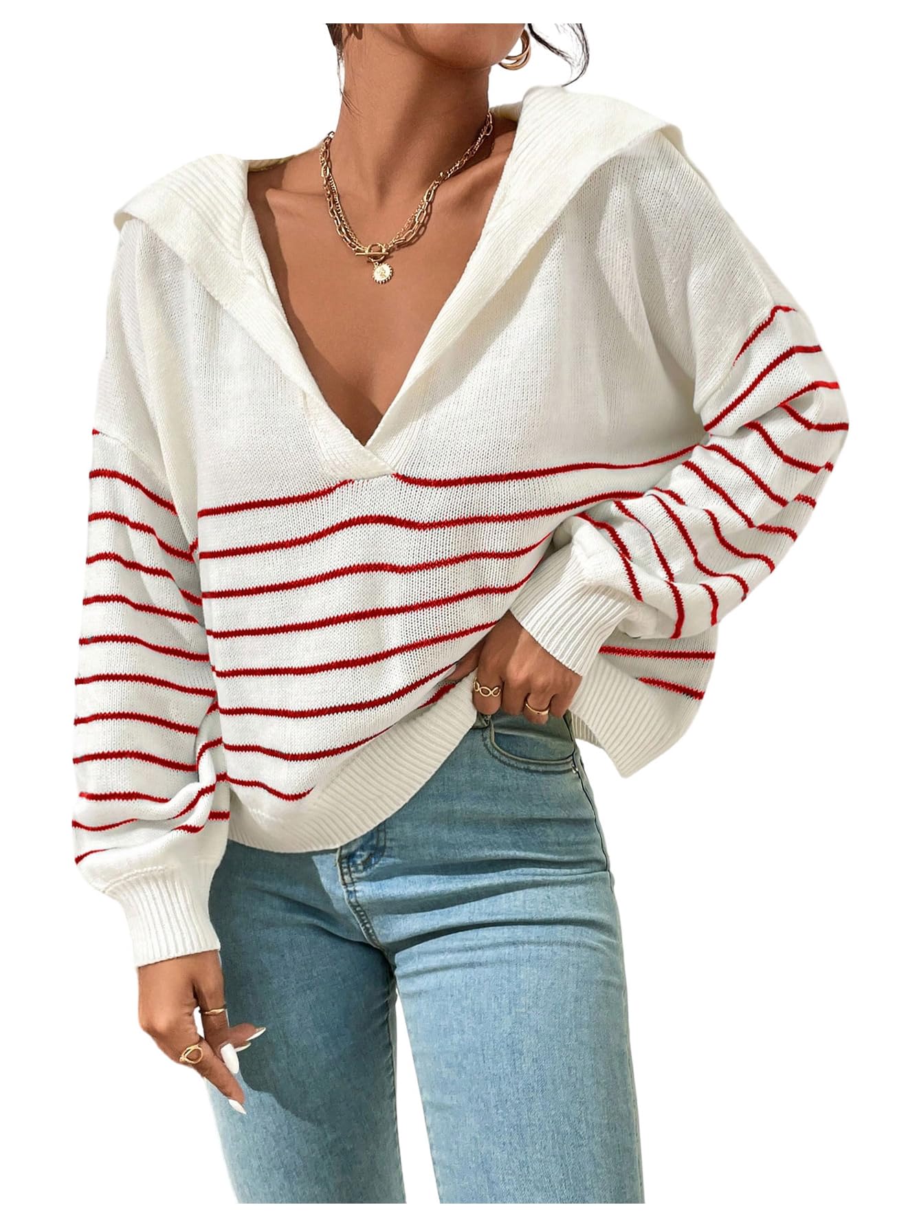 WDIRARA Womens Striped Sweater Long Sleeve Collared V Neck Pullovers Knit Tops