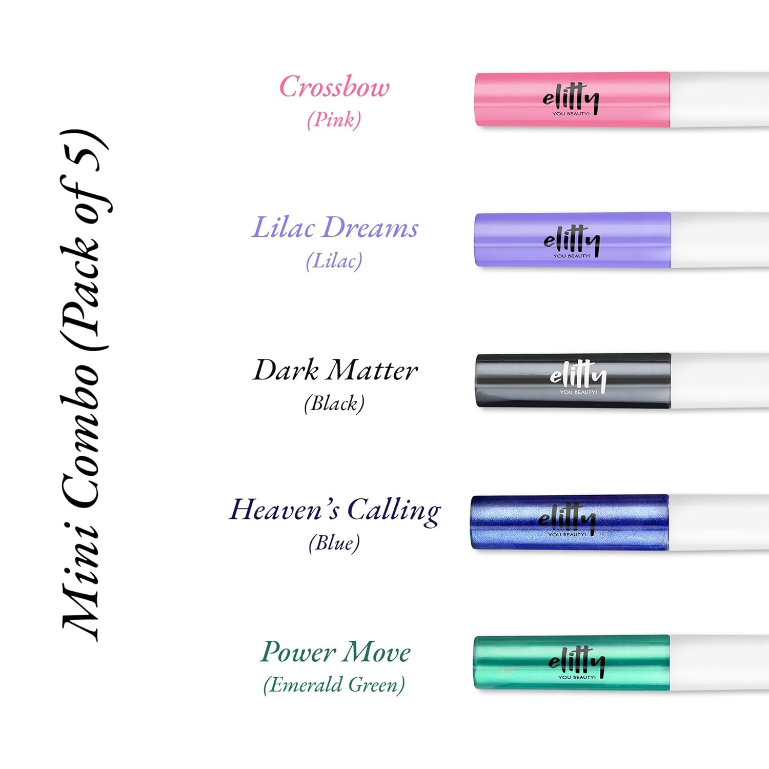 Elitty Mini Pop Colour Waterproof Liquid Eyeliner Combo | Matte Shades (Pink, Lilac, Black) & Metallic Shades (Blue, Emerald Green) | Lasts Upto 12 Hrs | 1 ML Each Elitty Mini Pop Colour Waterproof Liquid Eyeliner Combo | Matte Shades (Pink, Lilac, Black) & Metallic Shades (Blue, Emerald Green) | Lasts Upto 12 Hrs | 1 ML Each