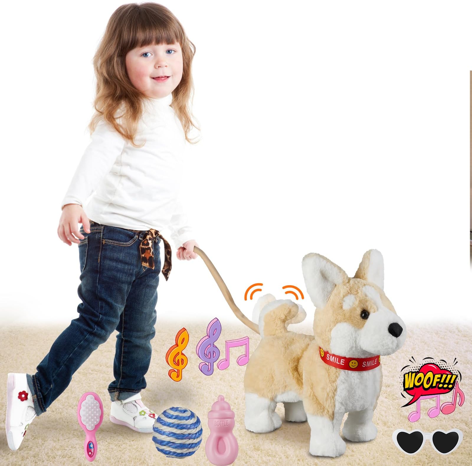 MarsjoyCorgi Dog Running Barking Musical Singing Dance Volume Control Interactive Puppy Walking Leash Tail Wagging Head Electronic Robot Plush Puppy