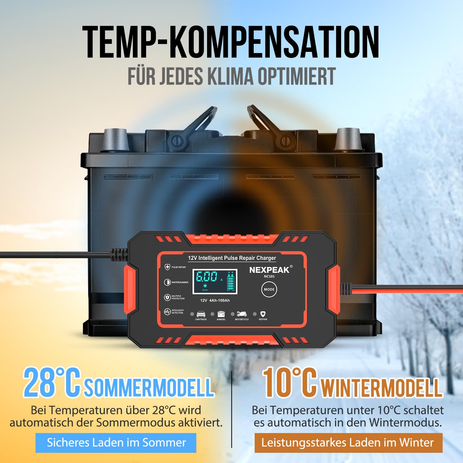 NEXPEAK 6 A Ladegerät für Autobatterie, 6 A, 12 V, intelligentes Ladegerät, Motorrad, automatische Reparaturfunktion, tragbar, Akku-Ladegeräte für Auto, Motorrad, LKW, AGM, Gel, Wet, SLA (rot)