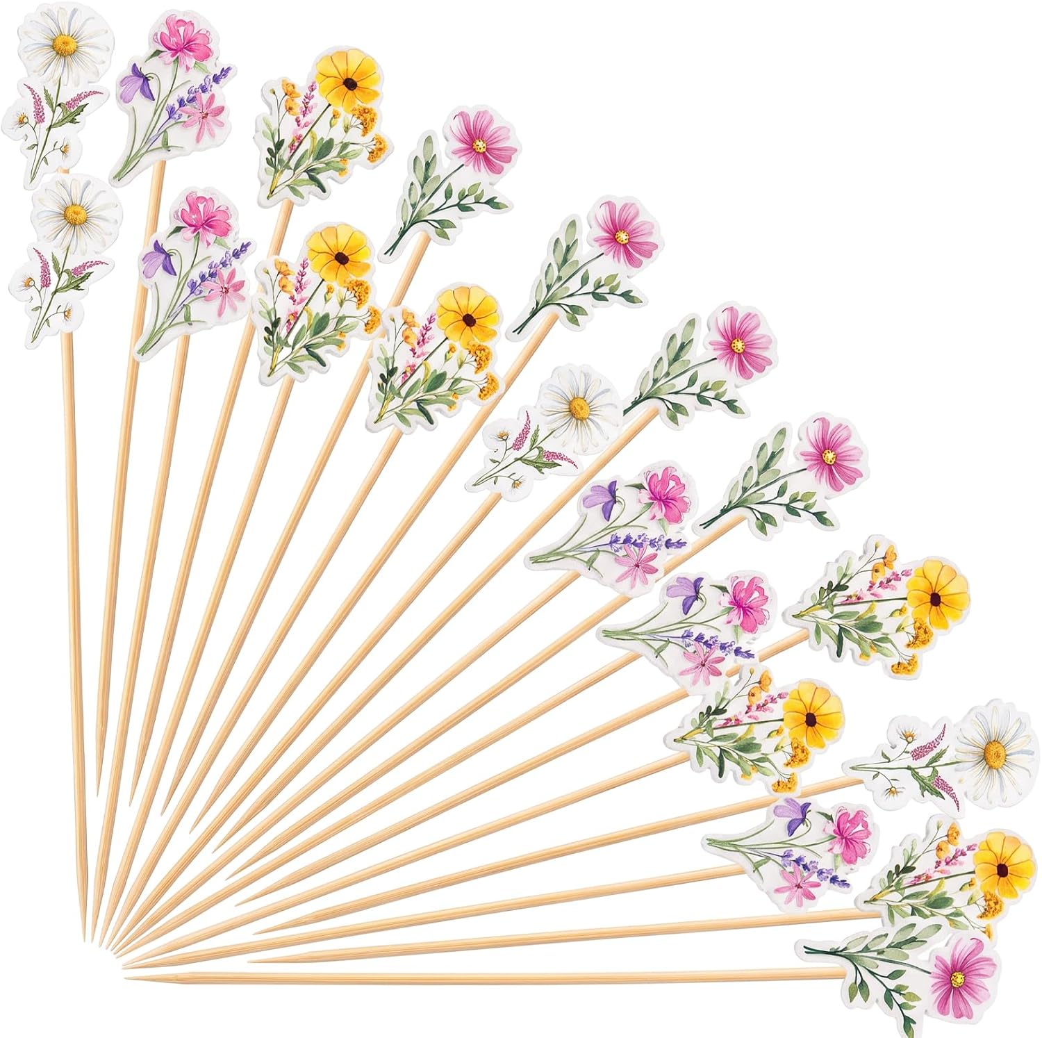 Domensi 300 Pcs Wildflower Cocktail Picks 4.7" Fancy Wildflower Toothpicks for Appetizer Bamboo Heart Skewers Fruit Stick for Food Sandwich Appetizer Charcuterie Skewer Birthday Wedding Party Supplies