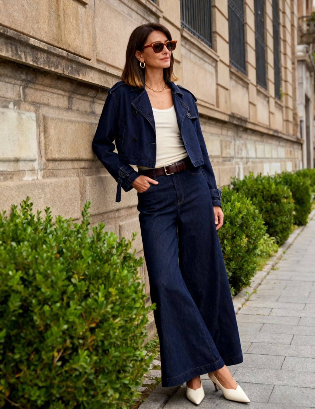 Majdan Women's Cropped Denim Trench Coat Notch Collar Jean Jacket Double Breasted Coats with Pockets - Image 6