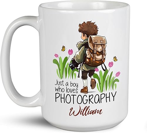 Miniatura 1 de Just A Boy Who Loves - Taza de café personalizada para fotógrafo, taza de té personalizada con nombre, regalo para fotógrafo, taza de porcelana
