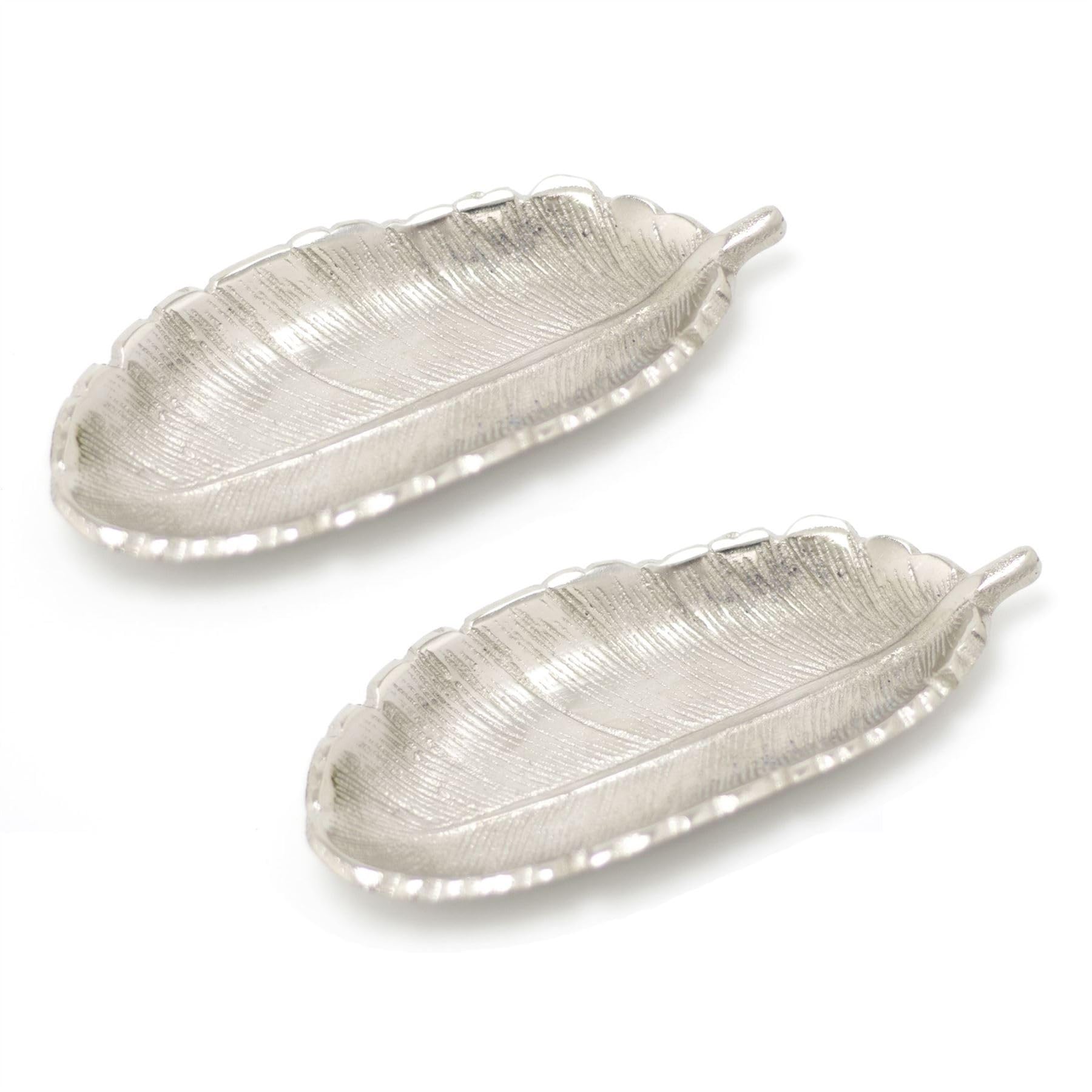 Carousel Home Set of 2 Silver Metal Feather Trinket Dishes, 12.5cm Decorative Jewellery Tray Ring Holder Vanity Plate