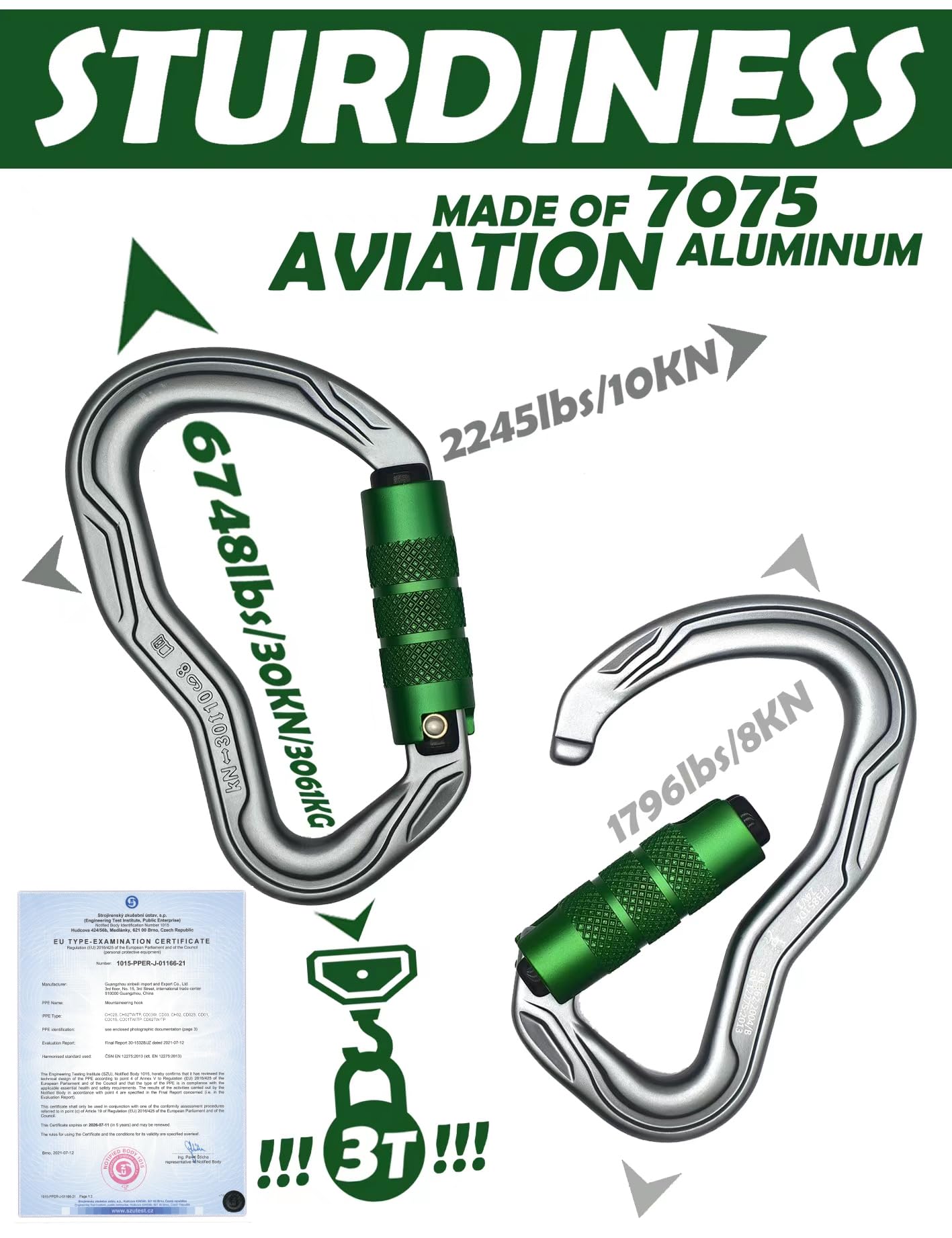 CE Certified 30KN Upgrade Auto Locking Climbing Carabiner Clip Twist Lock Heavy Duty Climbing Carabiner for Rock Climbing, Hammocks, Rappelling, Rescue, and Hunting D-Shaped 4.53 Inch