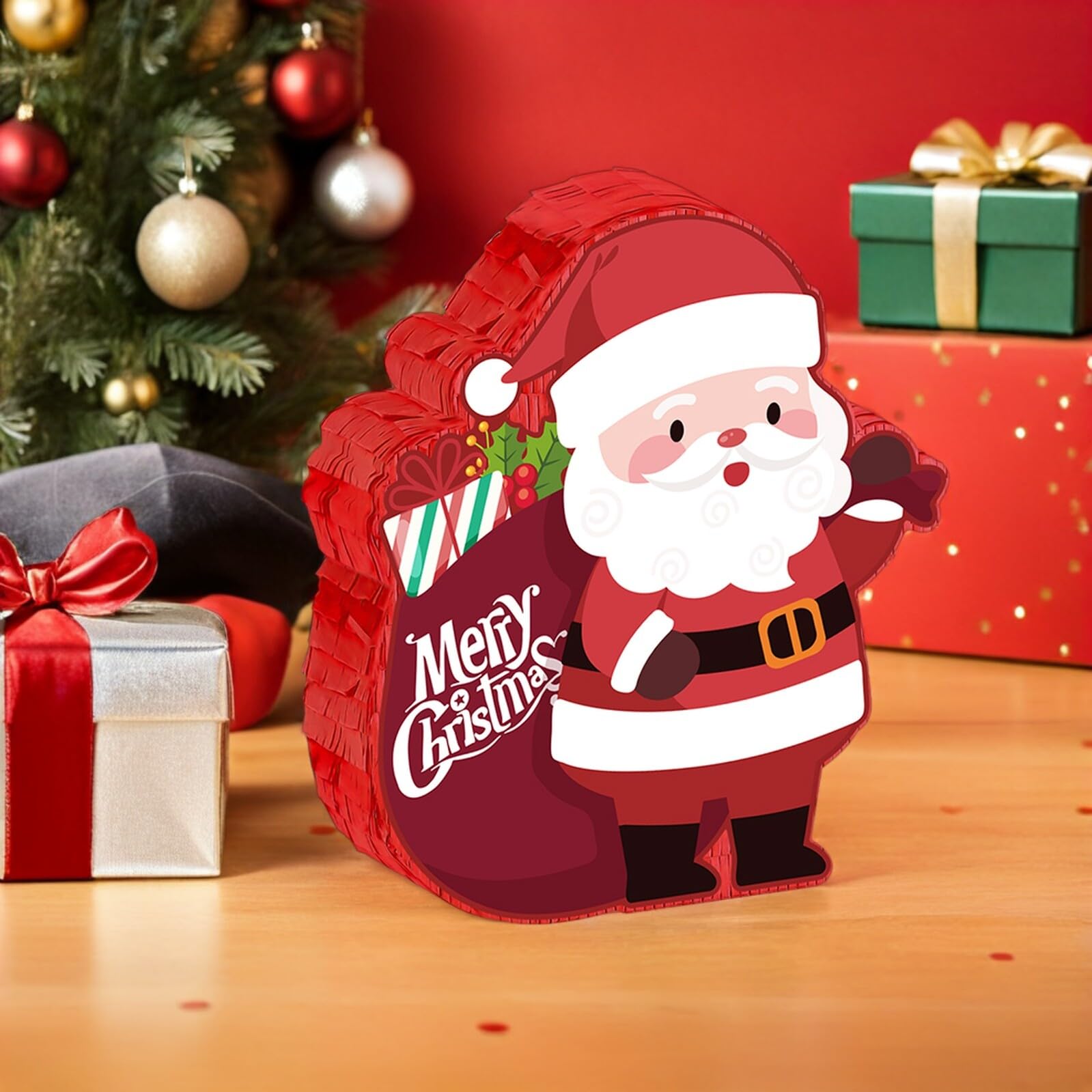 Weihnachtspiñata mit Weihnachtsmann-motiv Groß Hängend Befüllbar Inklusive Stiel und Augenbinde für Familienfeiern und Weihnachtsfeste