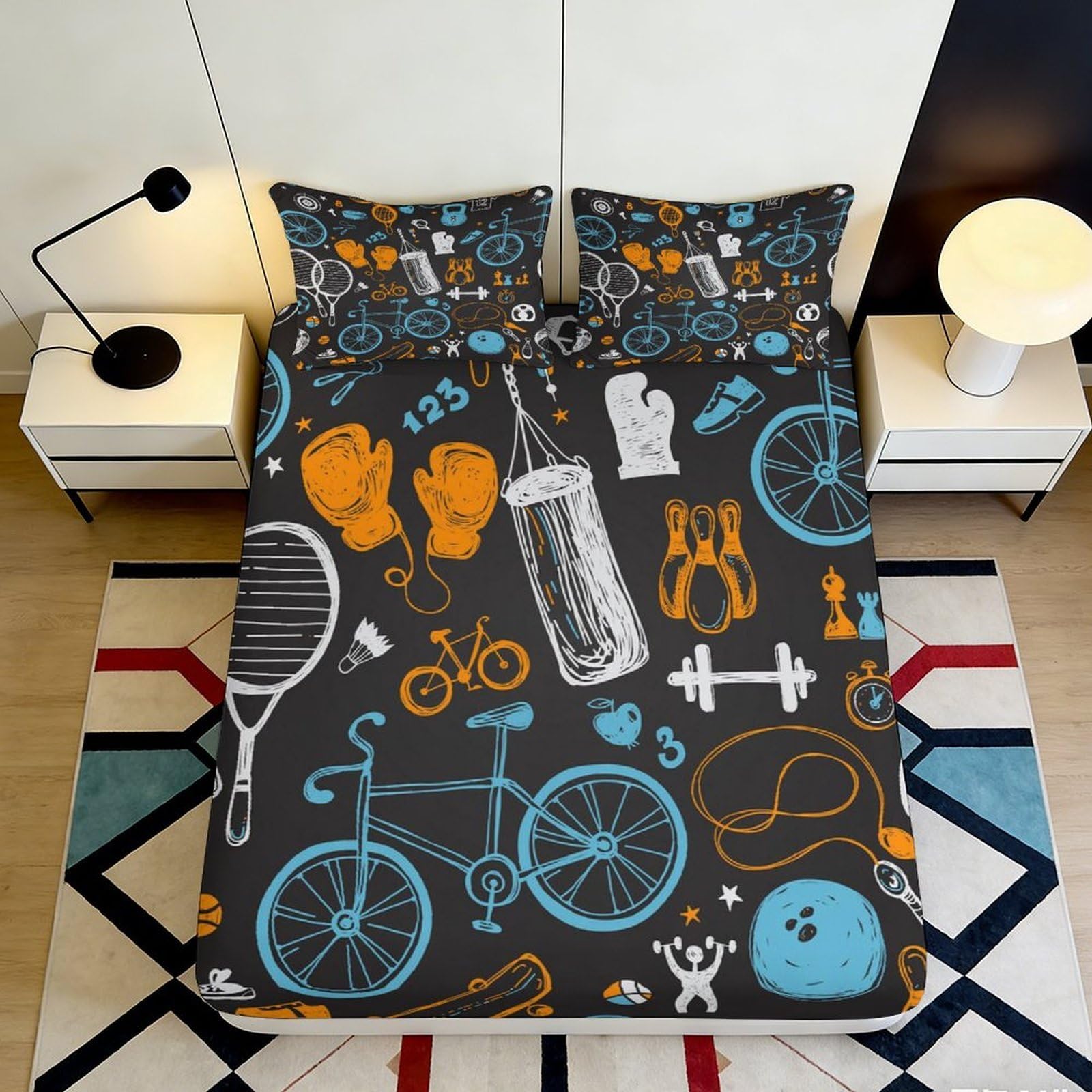 3D Printed Sports Bicycle Fitted Sheet Microfiber Soft Easy Care Bowling Mattress Cover for Bedroom Dorm Decor 90x200x25cm