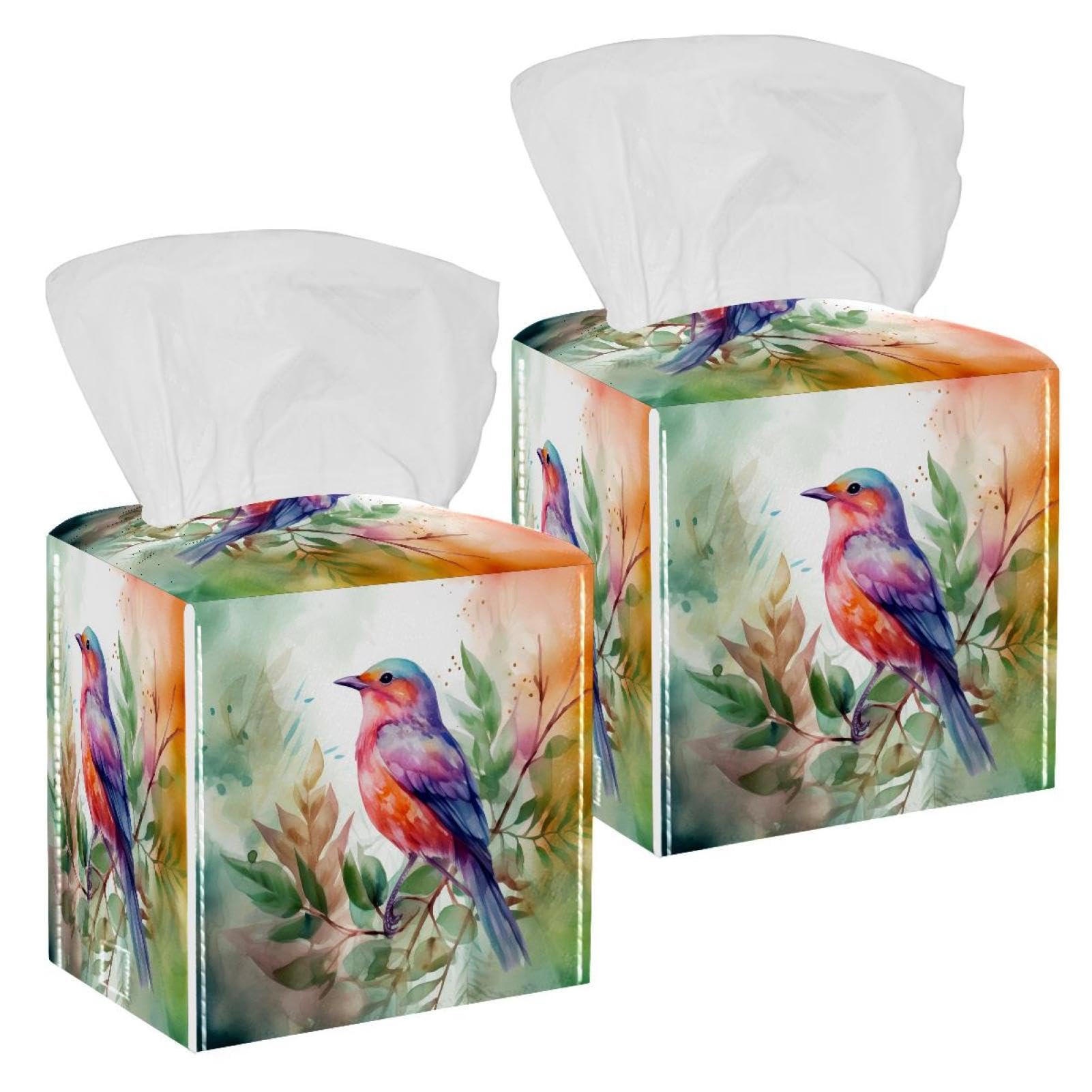 Watercolor Bird Tissue Box Cover, 2 Pack PU Leather Square Facial Tissue Dispenser Box holder for Home Office Car