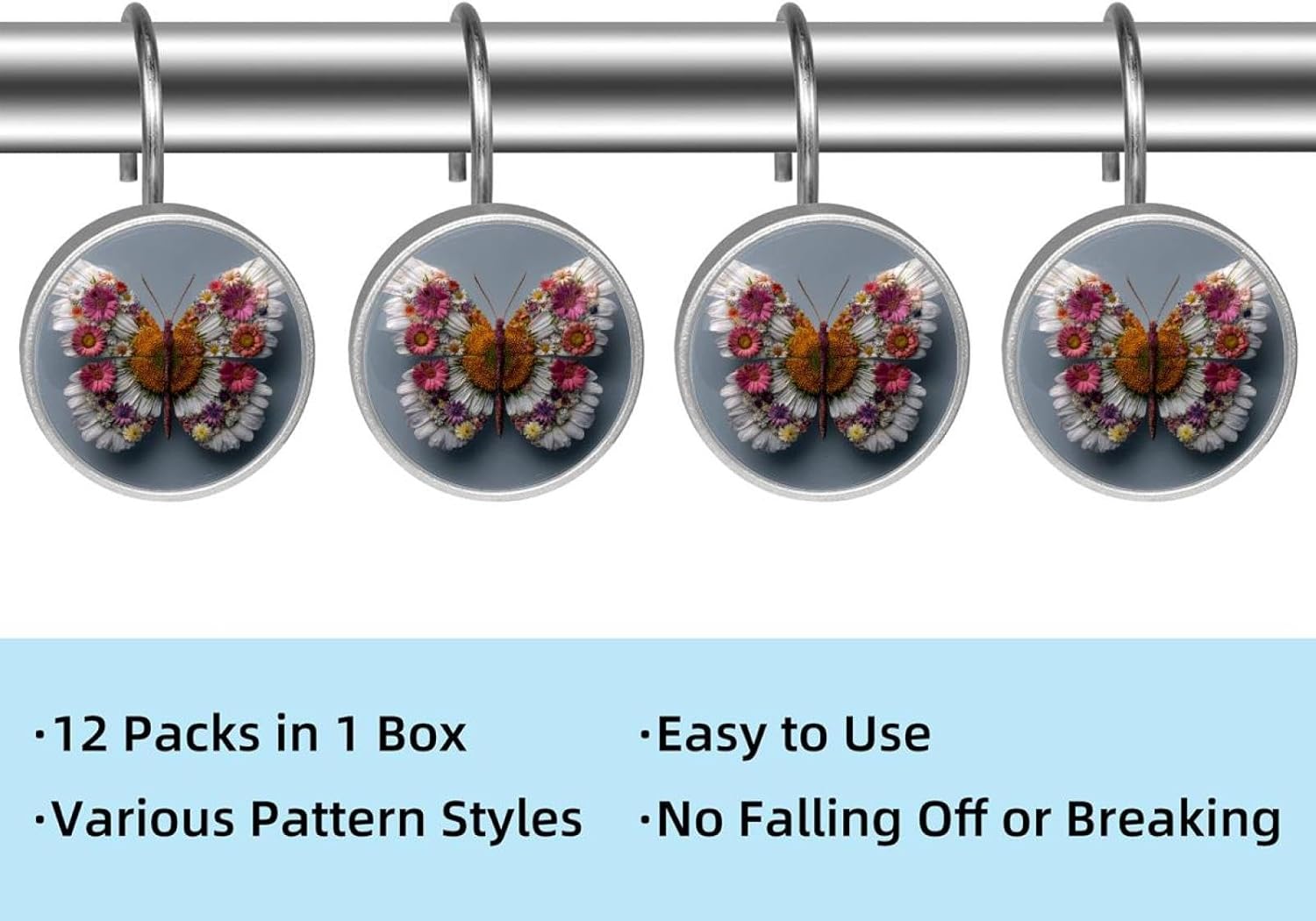 Daisy Butterfly (2) Crystal Glass Shower Curtain Hooks Rings Decorative Bathroom Decor - Set of 12