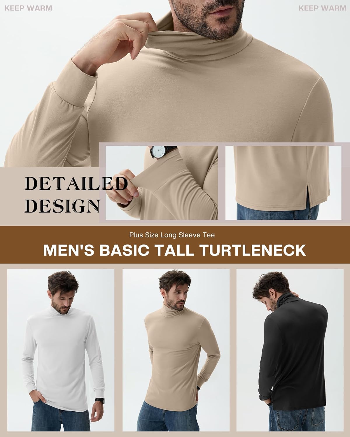 Neer 3 Pack Men's Big and Tall Turtleneck Shirts Long Sleeve with Cuff Thermal Basic Tops Plus Size Underwear Sweater Tee