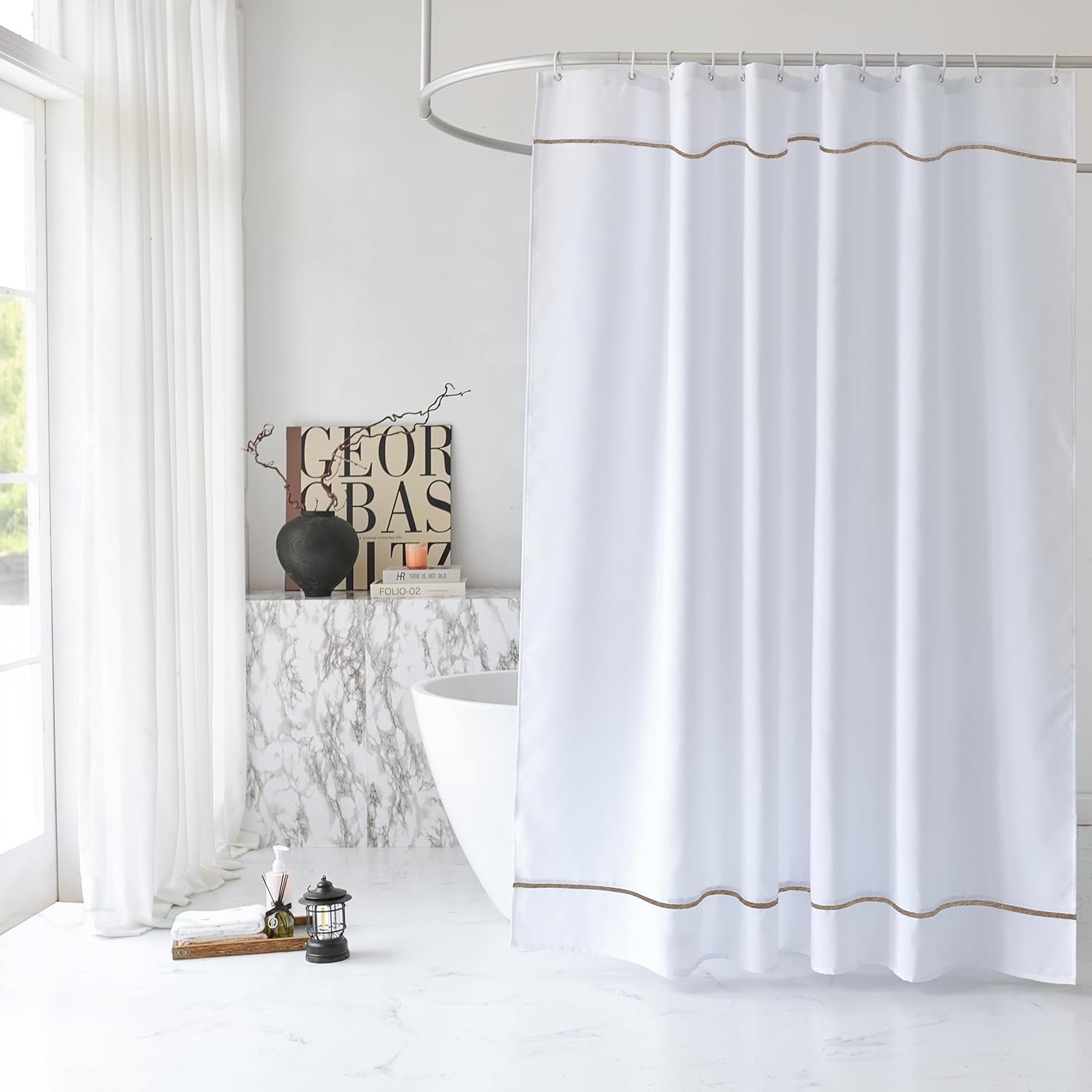 White Shower Curtain with Flax Border, Modern Chic Faux Linen Fabric Shower Curtains for Bathroom and Hotel,72 x 72 Inches