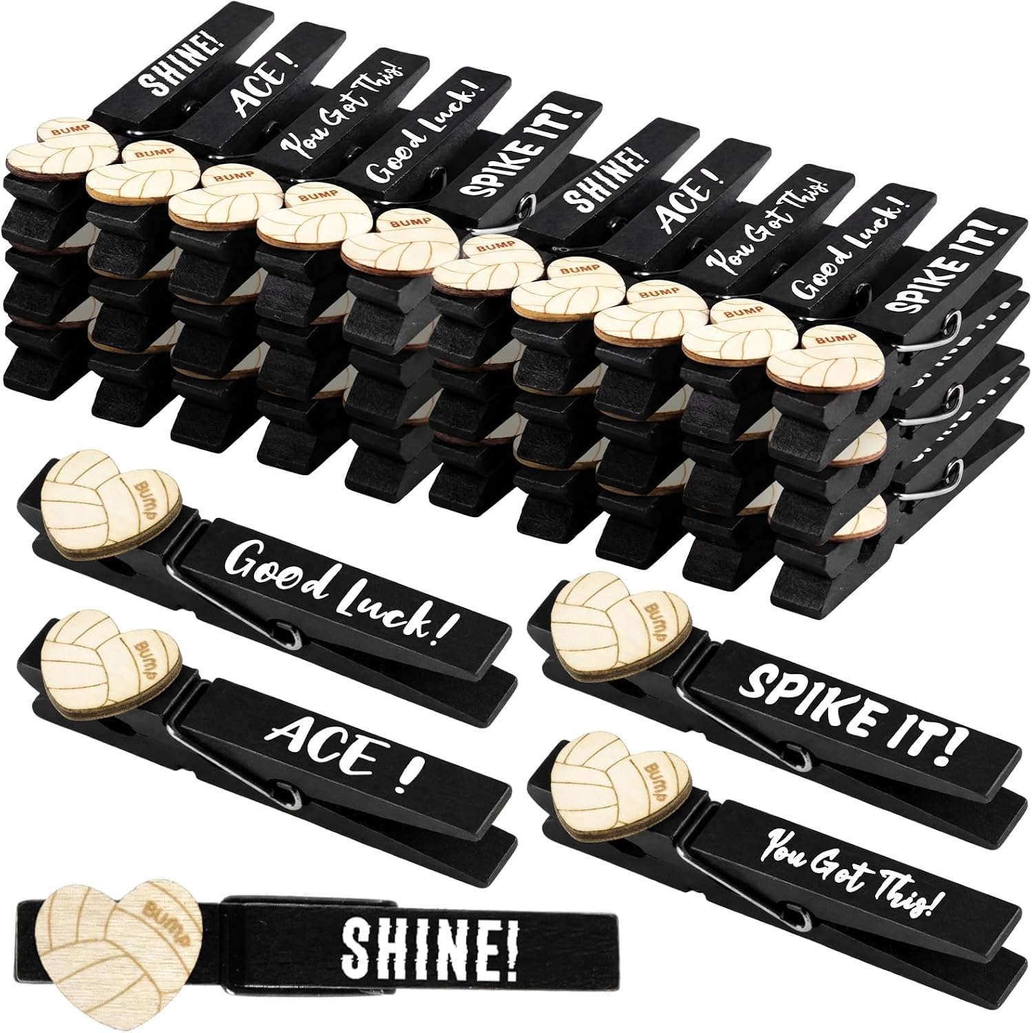 Kigeli 30 Pcs Volleyball Spirit Clips Cheer Pins Cheerleader Gifts Clothes Pins for Team Cheer Gifts Stuff Party Favors Supplies Accessories Bulk for Backpacks Competition Glitter, Black