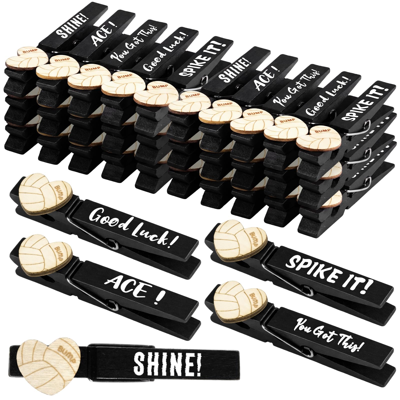 Kigeli 30 Pcs Spirit Clips Cheer Pins Cheerleader Gifts Clothes Pins for Team Cheer Gifts Stuff Party Favors Supplies Accessories Bulk for Backpacks Competition Glitter(Black,Volleyball Heart Shaped) โ image 1