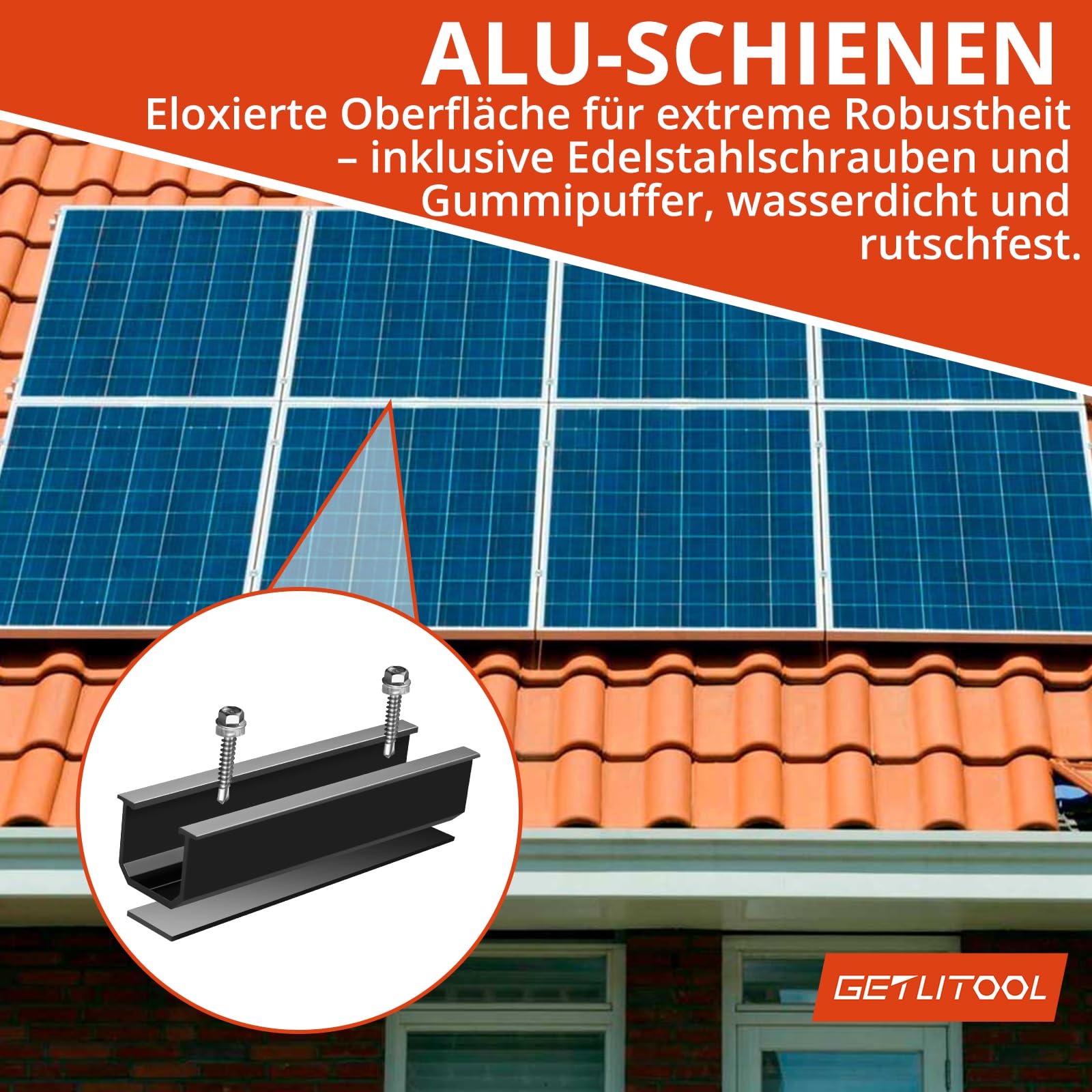 GETLITOOL Solarmodul Halterung, PV Halterung Montageset zur Montage 2 Module-12cm Alu Schiene, Verstellbare Klemme für 30-35MM Module, Solarpanel Halterung Flachdach Trapezblech Ziegeldach| Schwarz