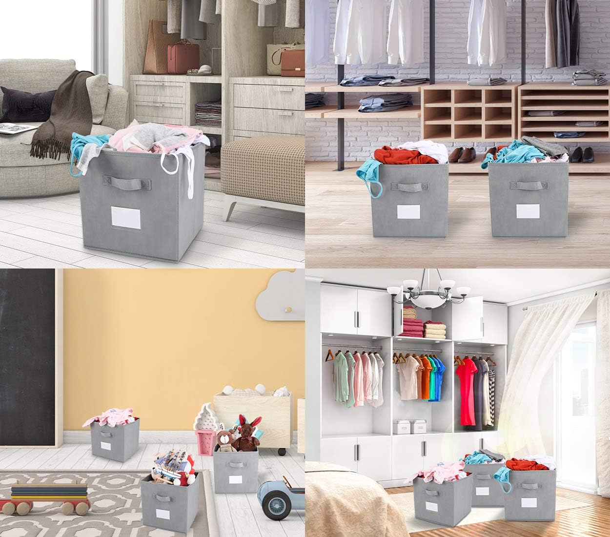 ESYLIFE Foldable Storage Cubes Closet Bins with Label Holder and Handle, 6 Pack, Grey