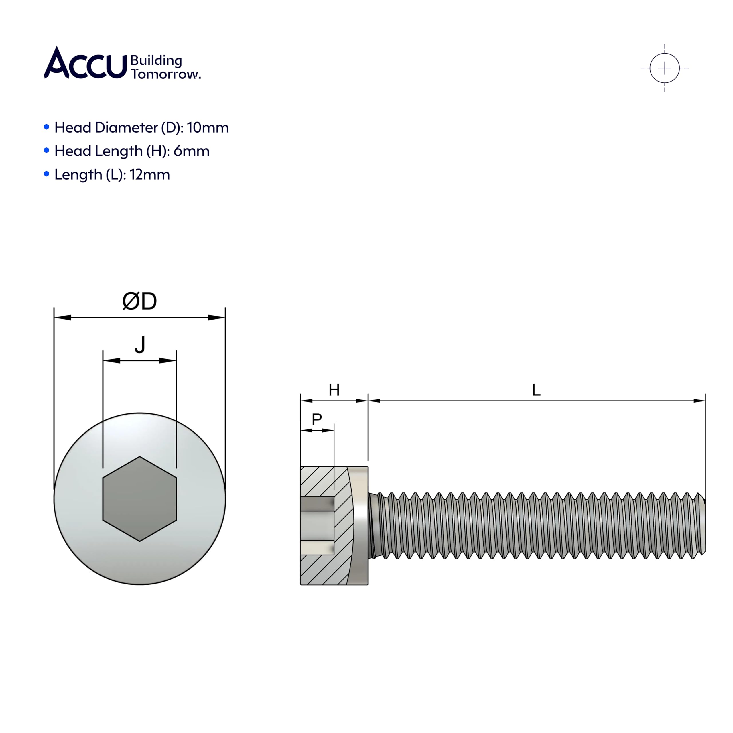 Accu - M6 x 12mm Full Thread Cap Head Screws (DIN 912) - Stainless Steel (A2) (Pack of 20) - Image 4