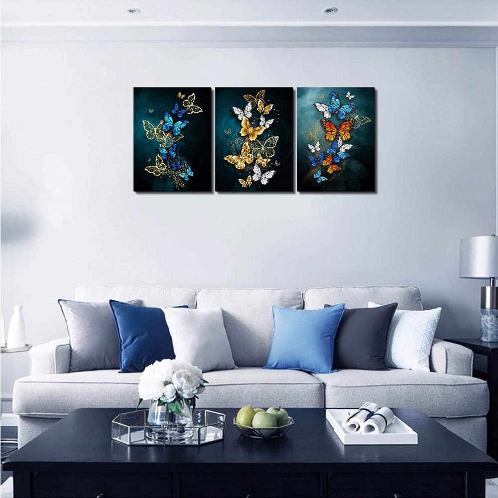 Decoración de la pared de la sala de estar Arte de la pared de la lona para el dormitorio Pintura de la pared del baño Obra de arte Fondo azul Mariposa abstracta 70x90cm (28x35in) x3 Marco interior