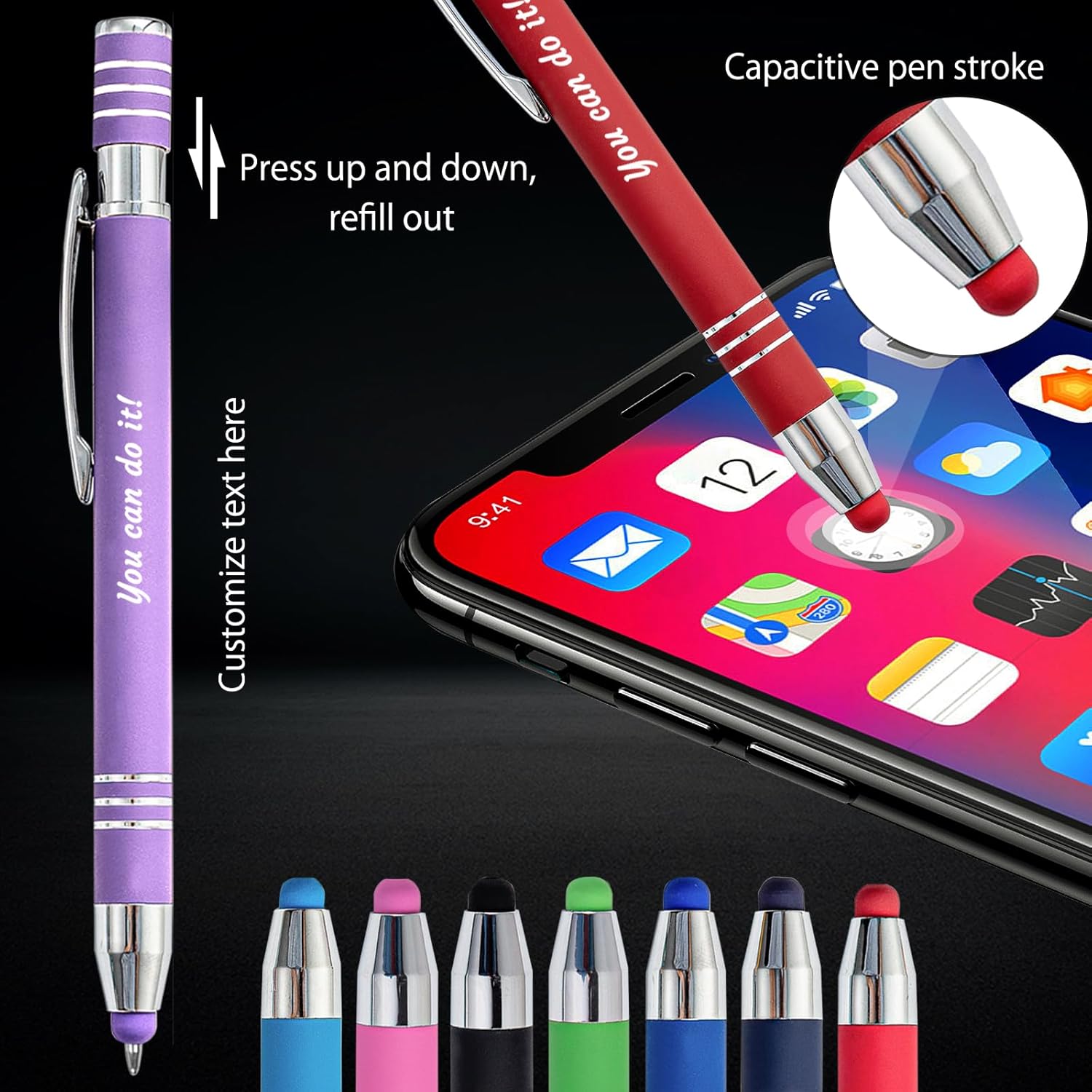 Personalized Dark Blue Ballpoint Pen with Stylus - Black Ink Custom Metal Engraved Name Pen - with Message, Custom Ballpoint Pens for Business Office School Teacher Student - 24PC