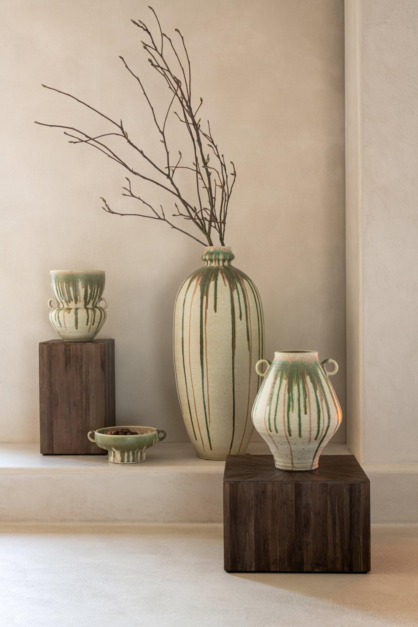 J-Line Plateau décoratif - céramique - Vert Olive/Beige Clair