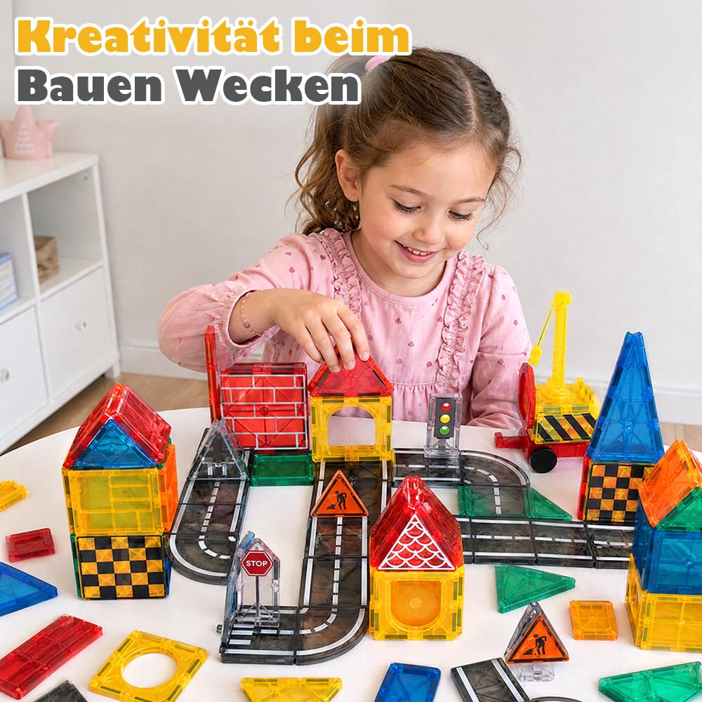 Playpals Magnetbausteine 60 Teile, Konstruktionsspielzeug, Kran Ausziehbar | Magnetische Bausteine Straße-Thema, Starke Magnetkraft, Kreatives Bauspielzeug, für Jungen Mädchen ab 3 Jahren, Mehrfarbig