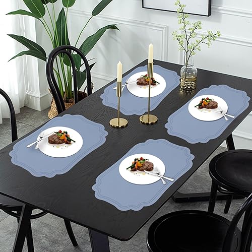 Miniatura 6 de XINYUN Juego de 6 manteles individuales de cuero sintético azul para mesa de comedor, lavables, resistentes al calor, antideslizantes, impermeables,