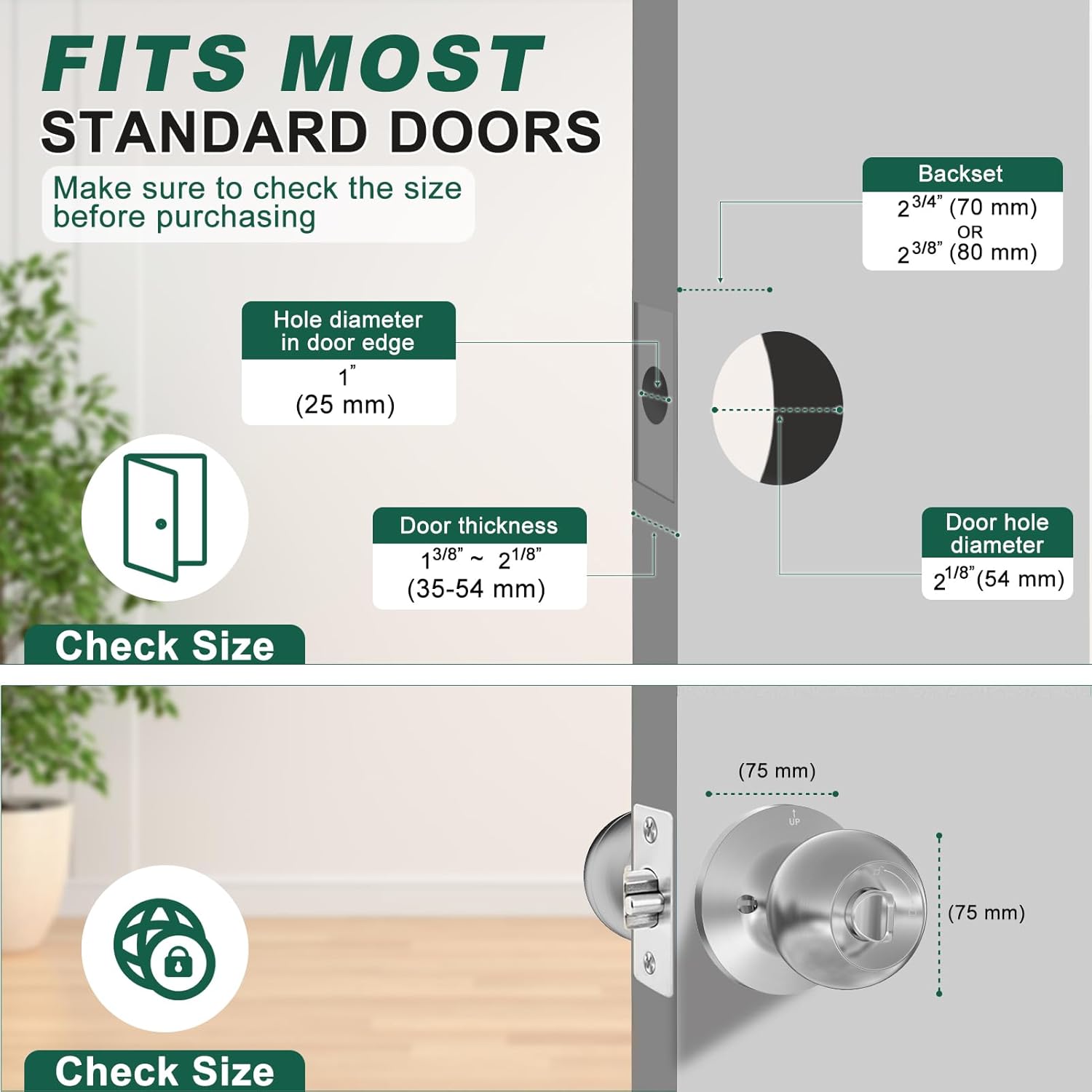 Smart Door Knob, Usteetic Fingerprint Door Locks for Bedrooms with App Control & Key, Type-C Port Emergency Charging, Biometric Lock Suitable for Front Door, Home, Apartment, Office (Silvery)