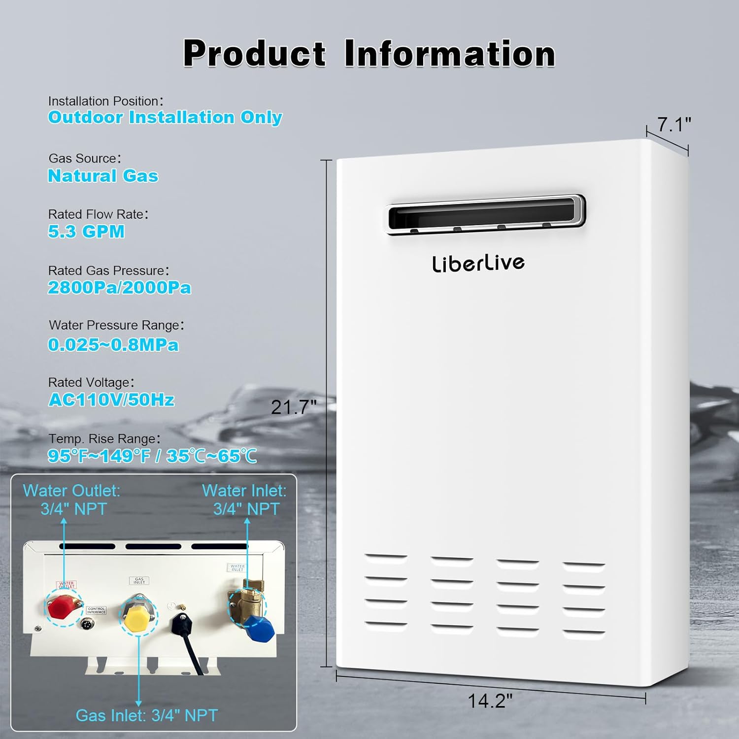 Diagram showing the dimensions and connection points of the LiberLive tankless water heater, including water inlet, water outlet, and gas inlet.