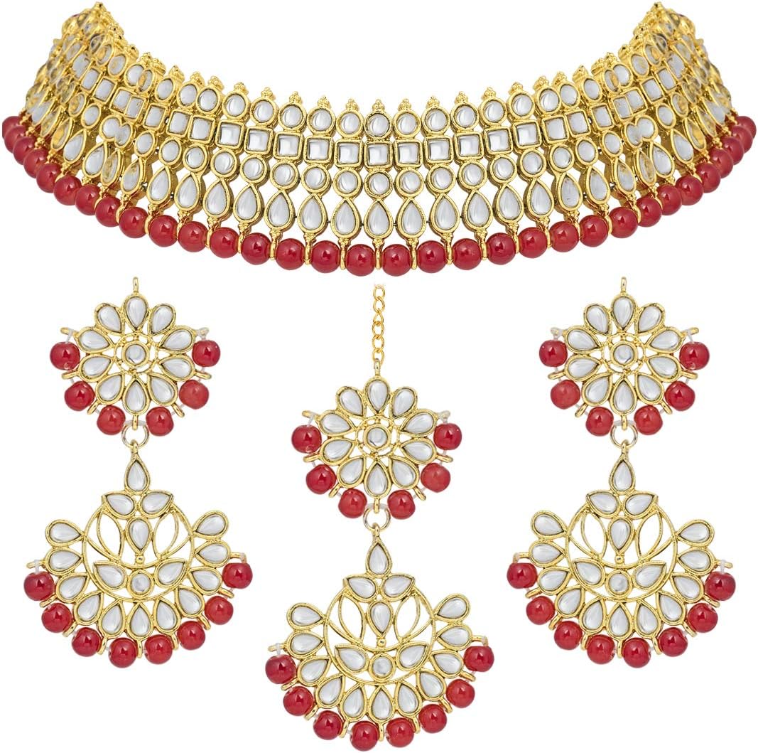 Aheli Bollywood Style Faux Kundan Beaded Choker Necklace Dangle Earrings Maang Tikka Indian Jewellery Set Gift for Women