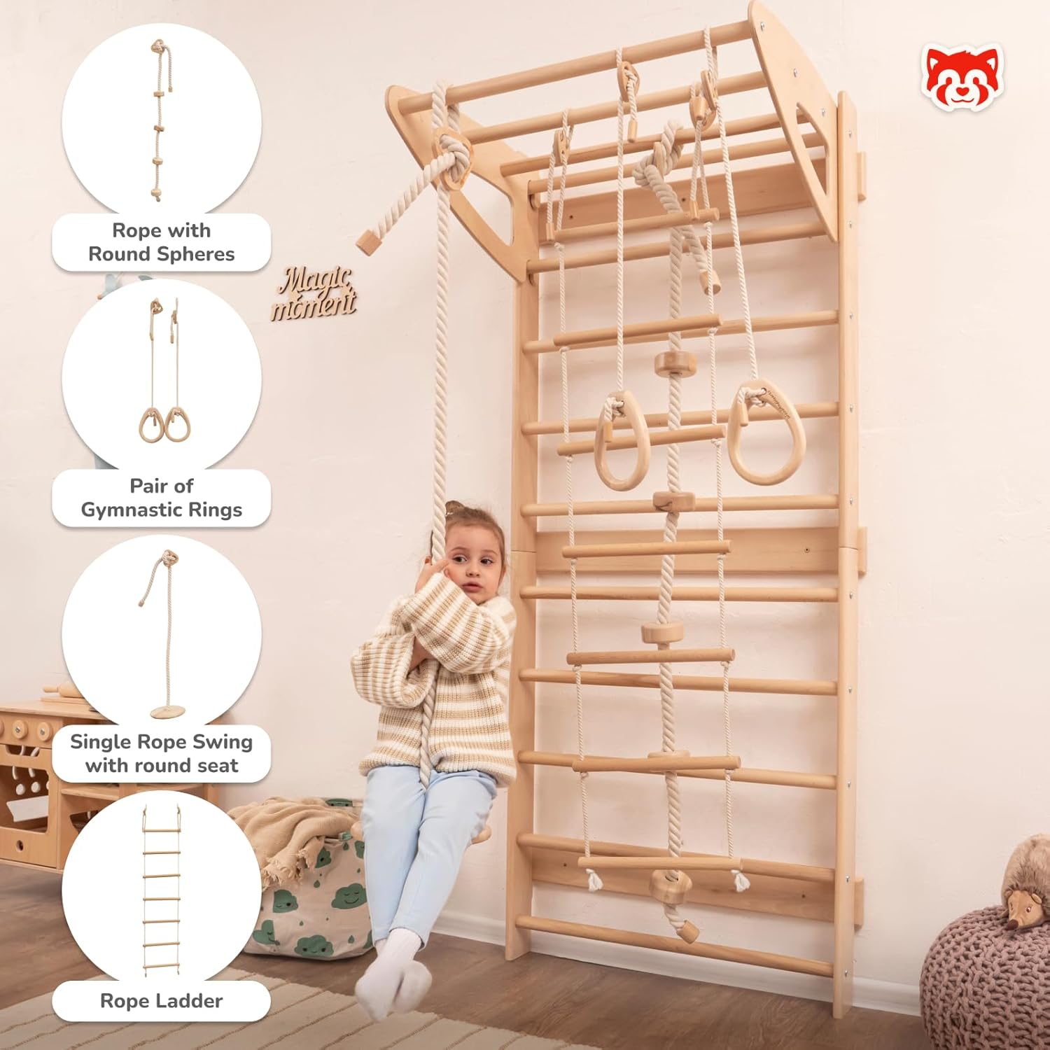Woodandhearts Swedish Ladder for Kids with Rope Accessories - Indoor Jungle Gym, Indoor Jungle Gym for Kids Ages 3-16, Indoor Climbing Gym (Swedish Ladder of 2 Parts(Natural Wood Color))