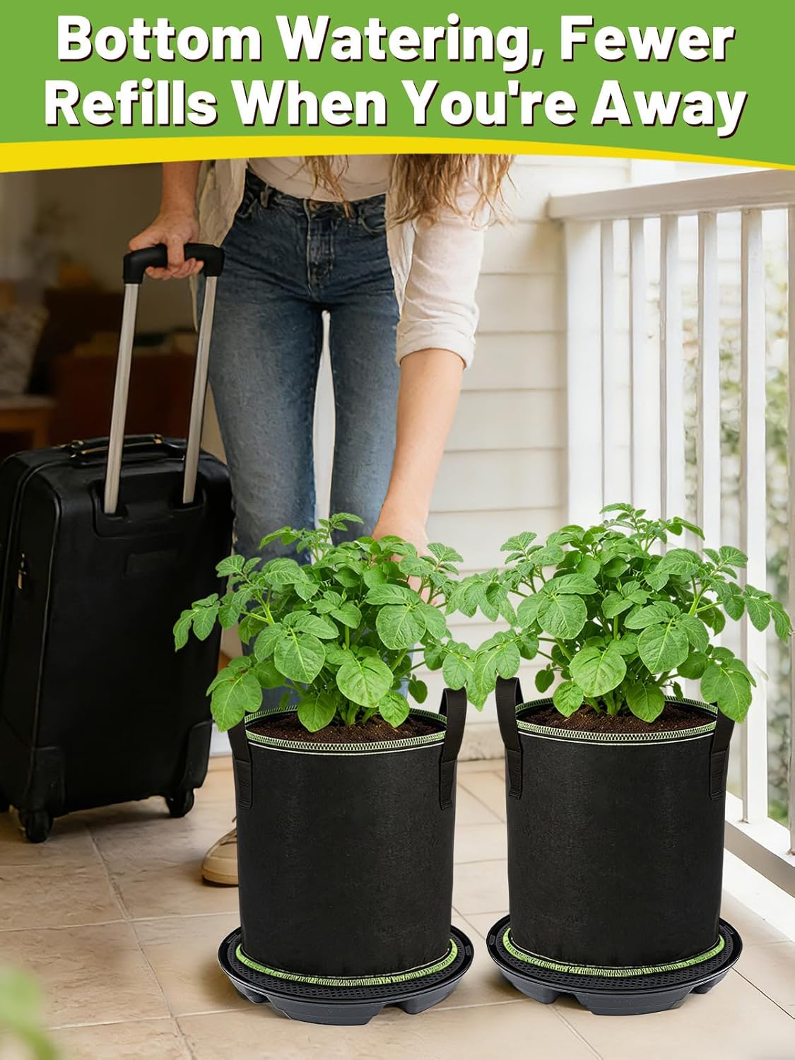 2Pack Self Watering Grow Bags with Pots Base - 5 Gallon Automatic Watering Planter Saucer with Wick Cord, Thick Fabric Vegetables Plants Pots with Handles for Indoor, Outdoor, Greenhouse, Garden