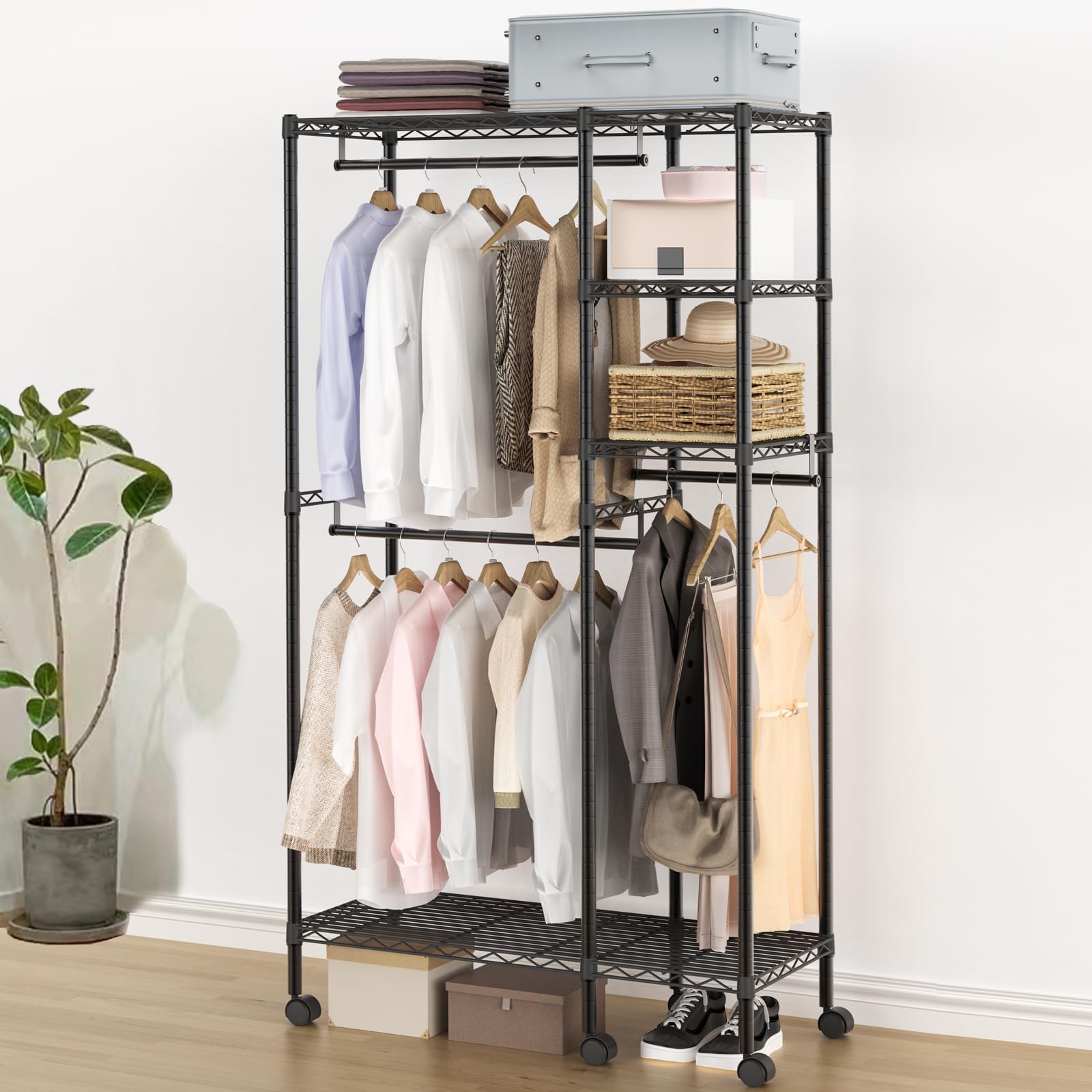 ハンガーラック 洋服掛け 衣類収納 2WAYタイプ 2段メッシュ棚付き椎名半b Amazon.co.jp: BreeRainz ハンガーラック 洋服掛け 衣類収納 2段