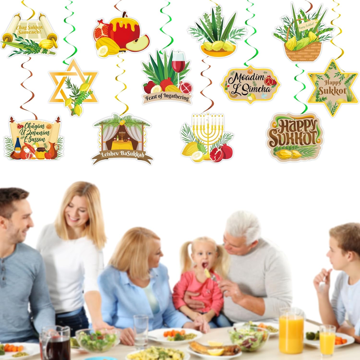 Sukkot Hanging Swirls Decorations - Happy Sukkah Party Cut-Out Essential Hanging Decors - Sukkah Jewish Holiday Outdoor Indoor Party Decoration Swirls - Set of 12 Counts